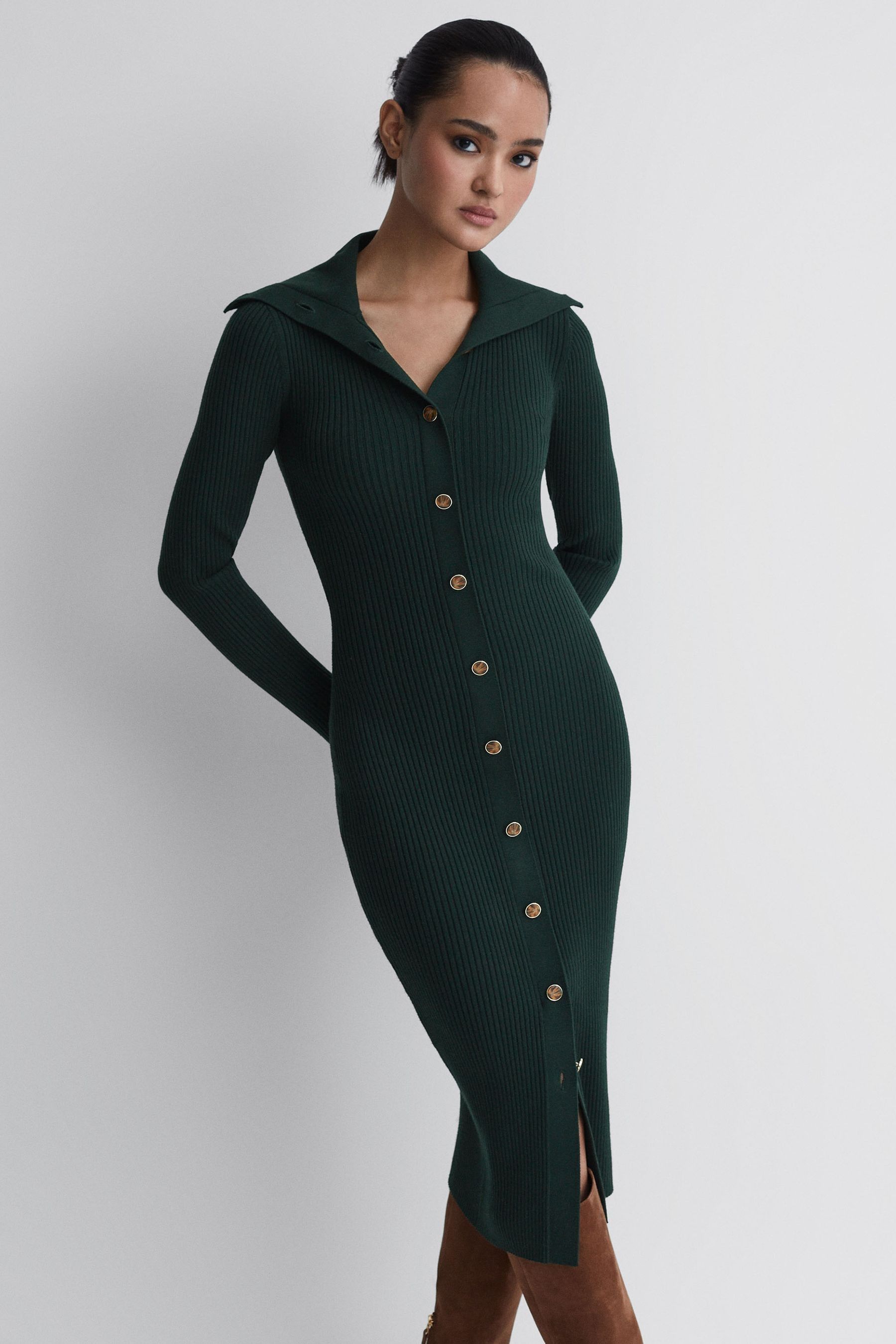 Reiss Maria - Green Button Through Bodycon Midi Dress, Xs
