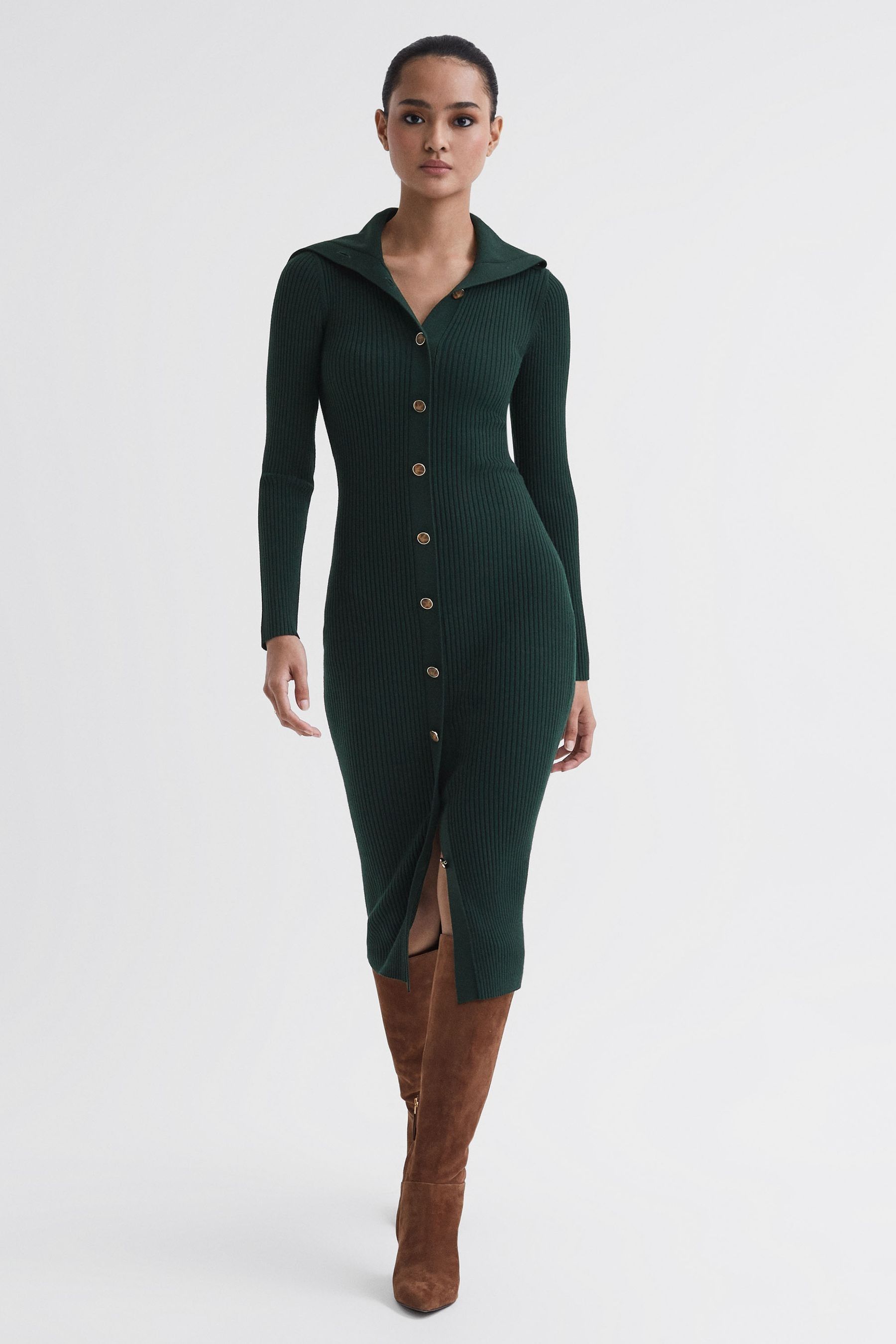 Reiss Maria - Green Petite Button Through Bodycon Midi Dress, M