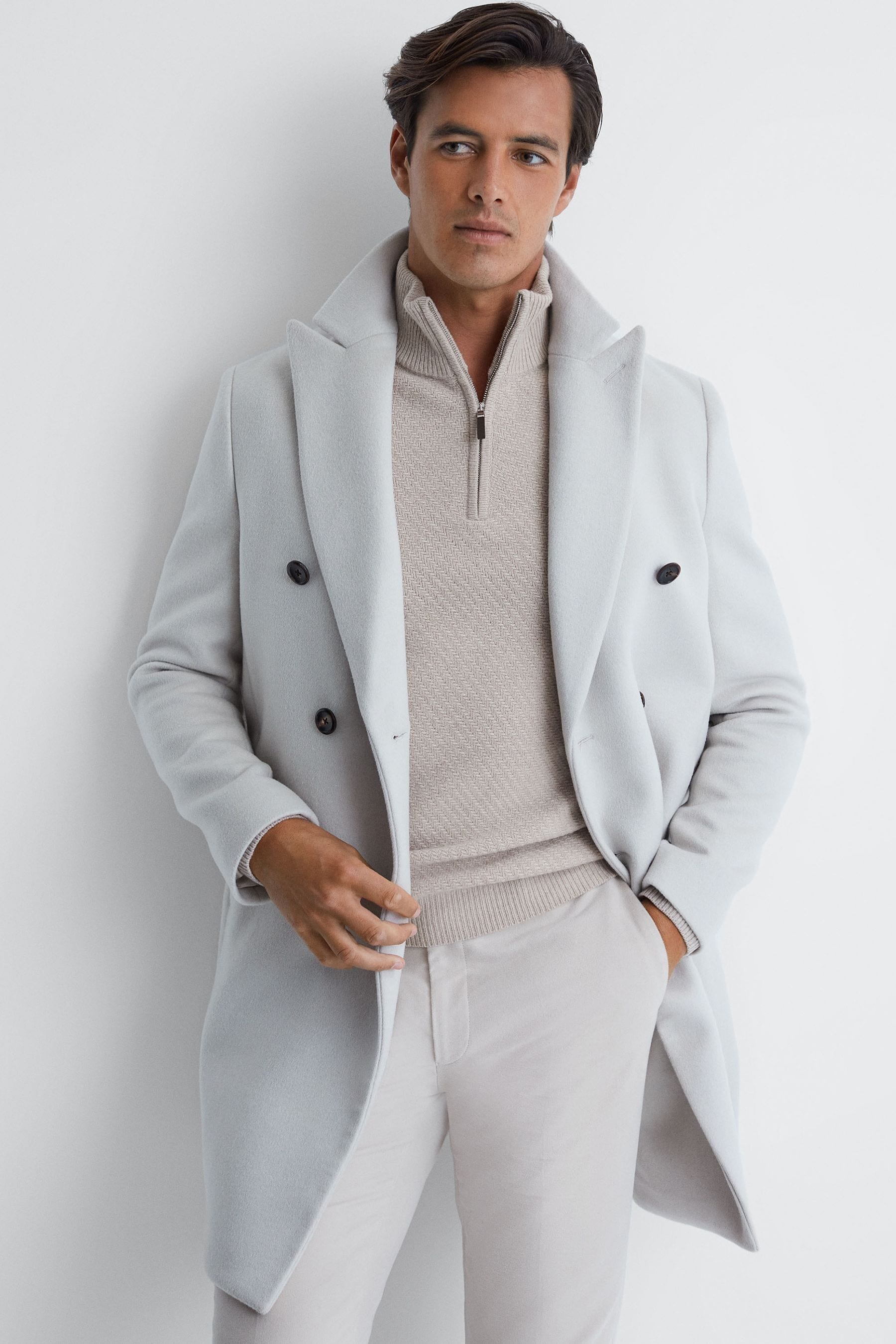 Reiss Oatmeal Melange Slim Fit Knitted Half-zip Funnel Neck Jumper, M