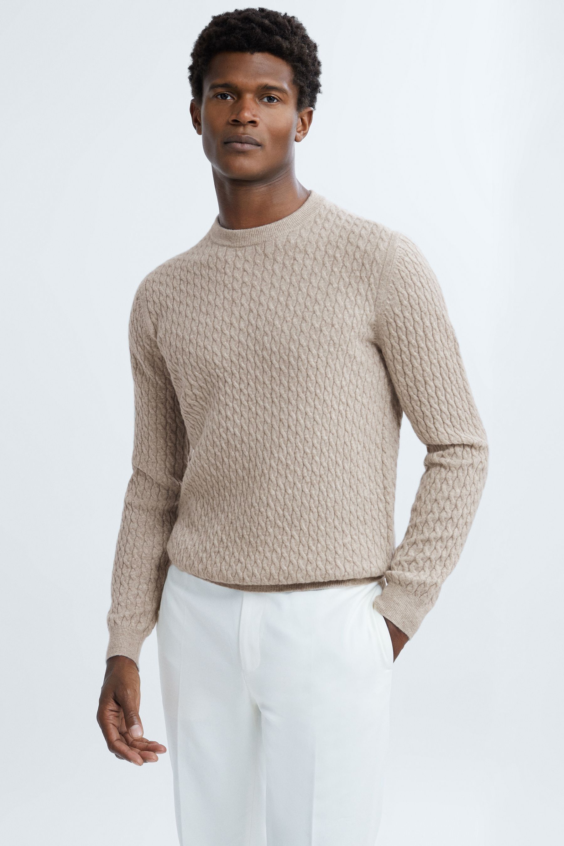 Atelier Oatmeal Melange Harrogate  Cashmere Cable Knit Crew Neck Jumper