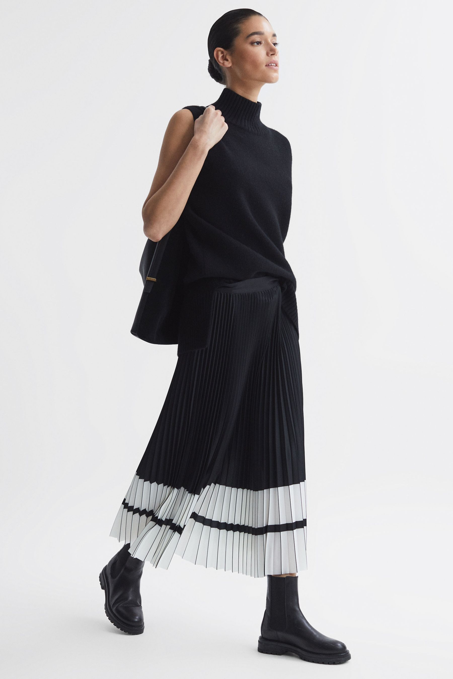 Reiss Black & white High Rise Pleated Midi Skirt, 12