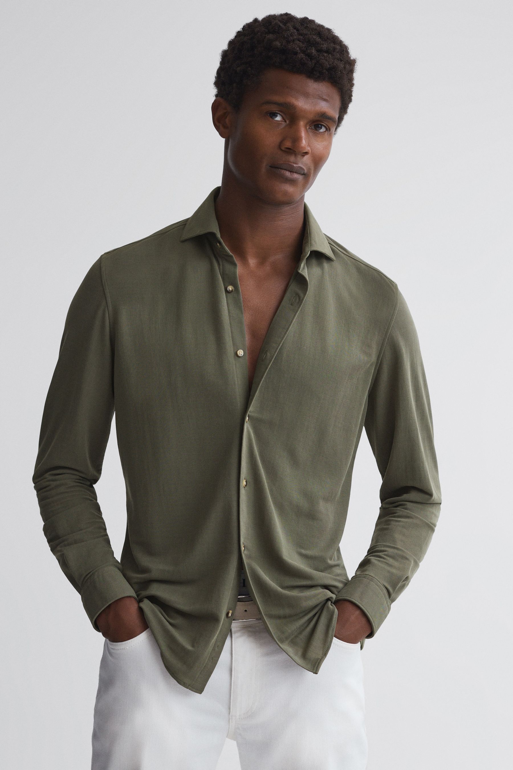 Reiss Bobby - Khaki Slim Fit Cutaway Collar Modal Shirt, L