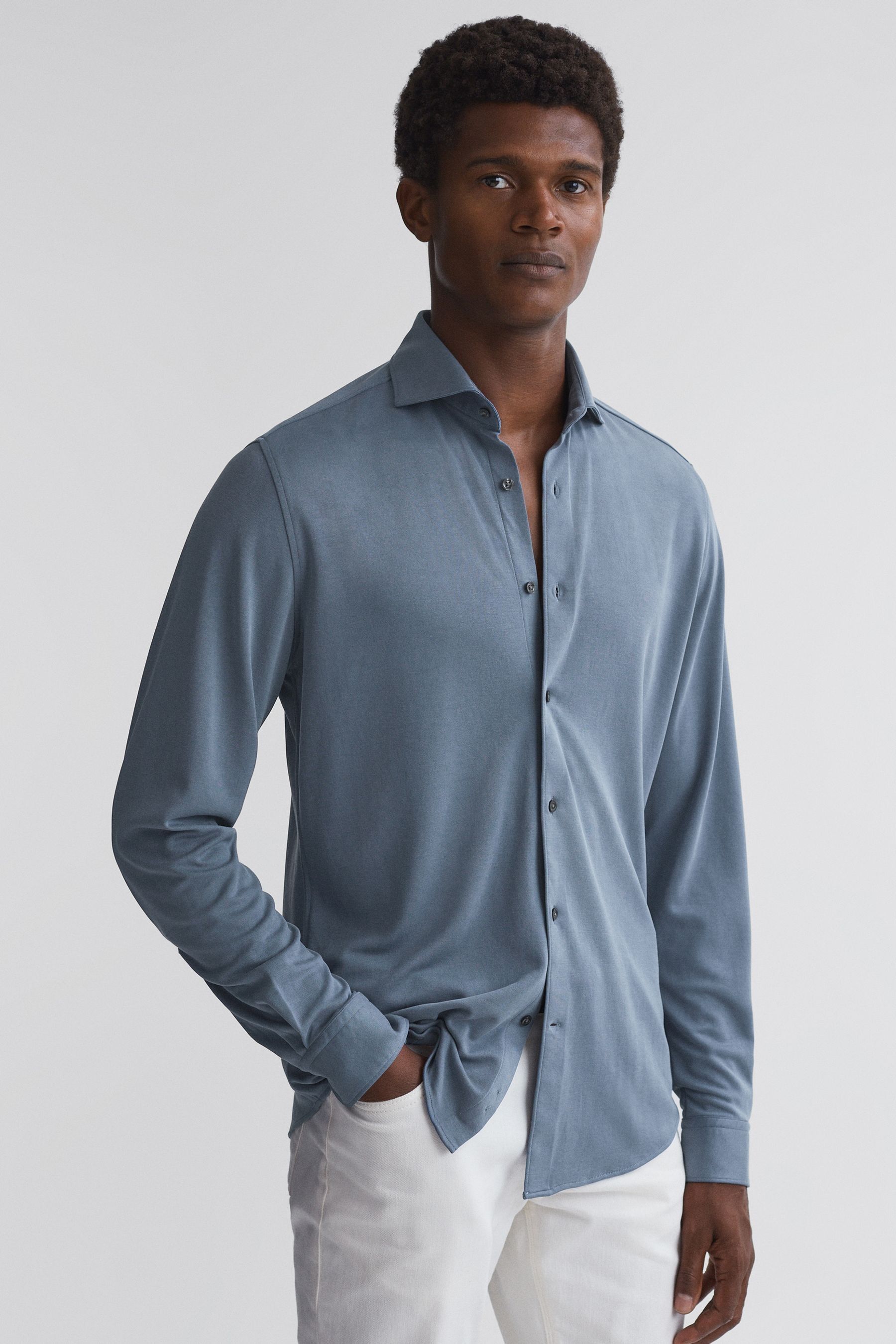 Reiss Bobby - Airforce Blue Slim Fit Cutaway Collar Modal Shirt, Xxl
