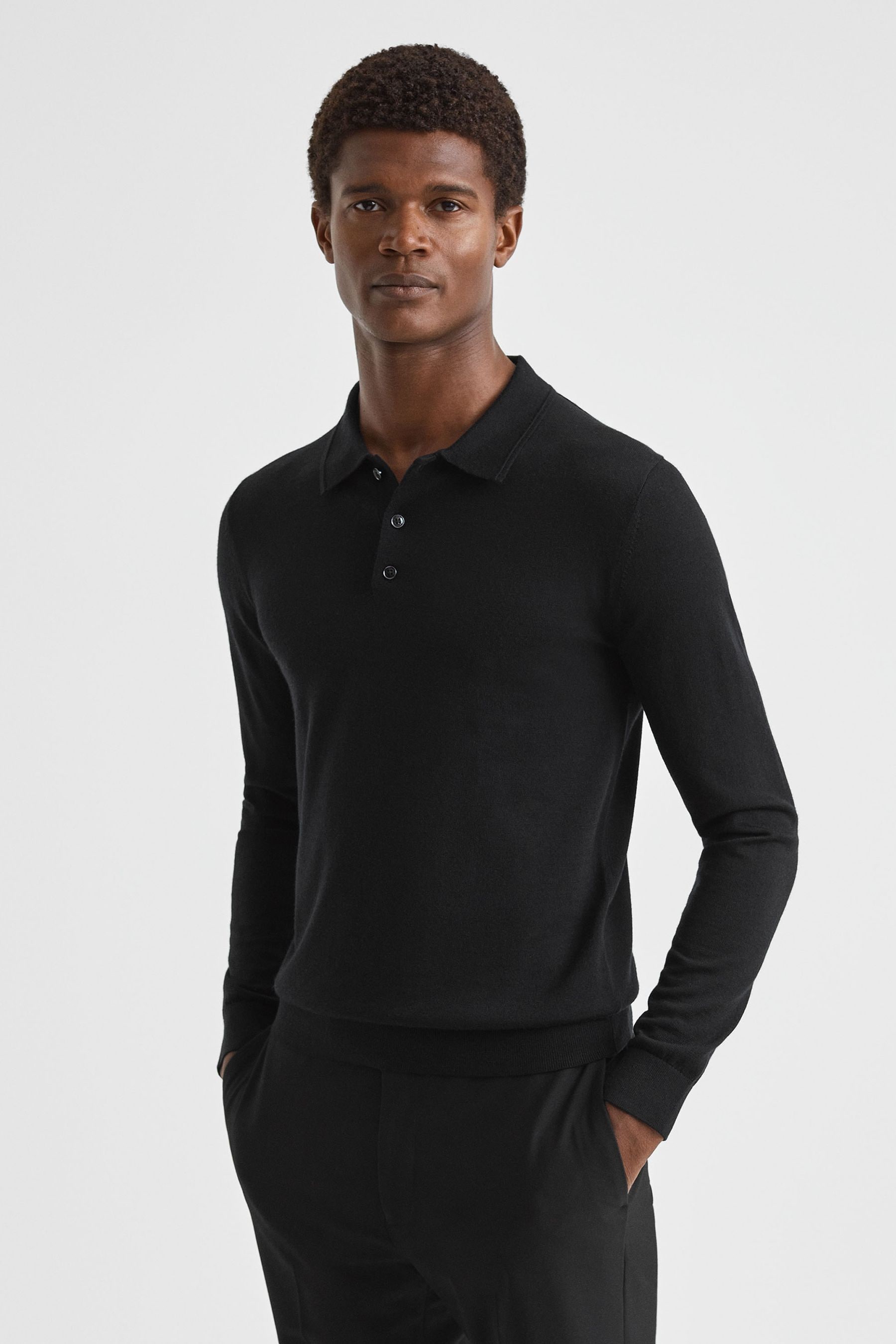 Reiss Trafford - Black Merino Wool Polo Shirt, M