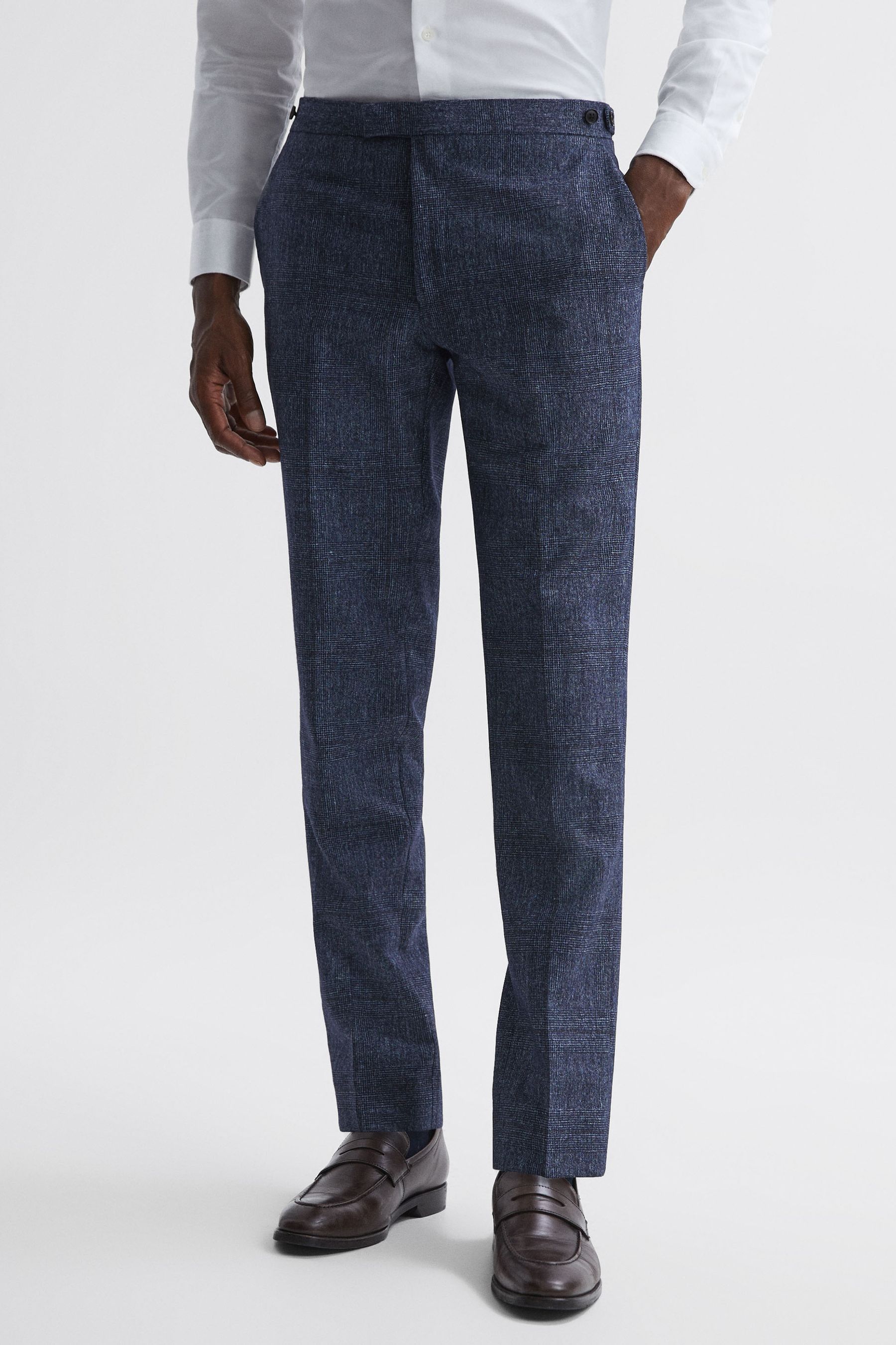 Reiss Barrett - Indigo Slim Fit Wool-linen Check Trousers, 30