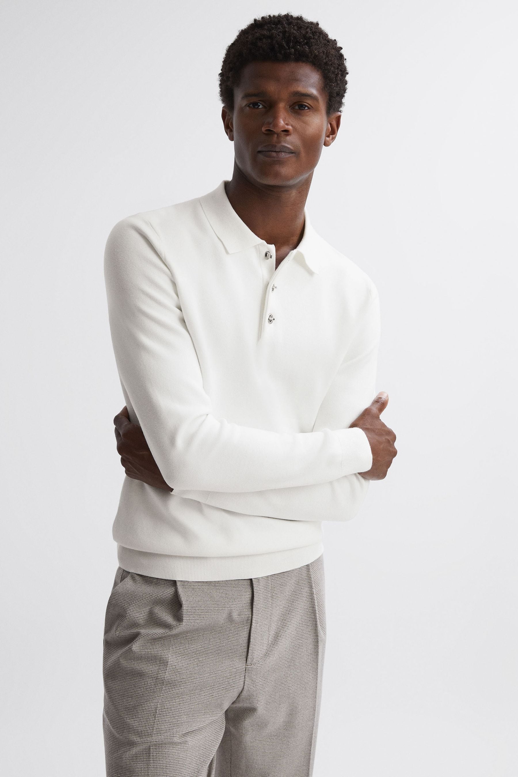 Reiss Sharp - Ecru Long Sleeve Polo Shirt, S