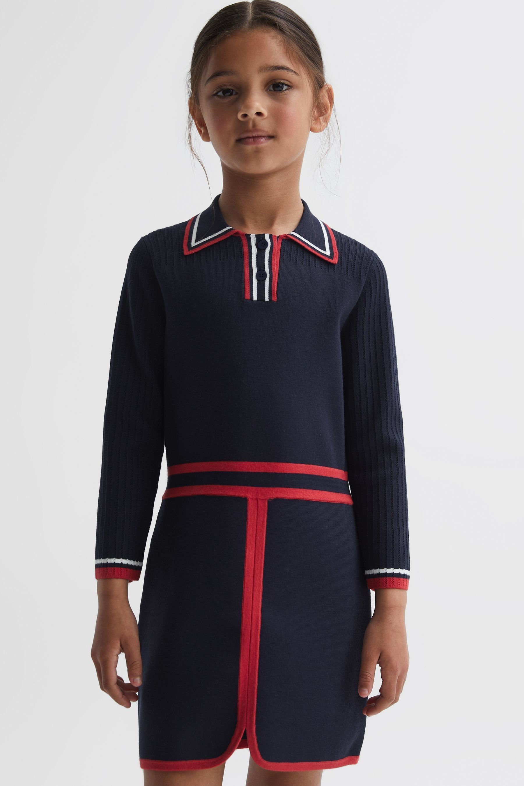 Reiss Kids' Ruby - Navy Junior Knitted Polo Dress, Age 5-6 Years