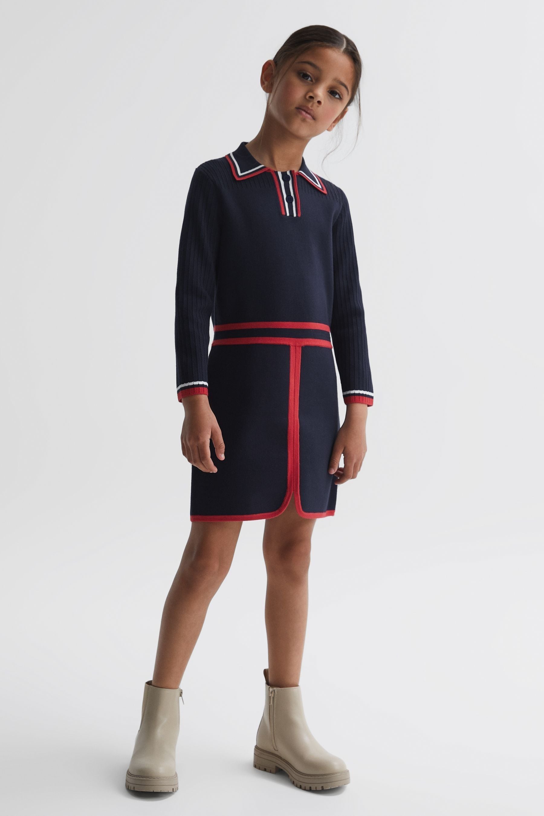 Reiss Kids' Ruby - Navy Senior Knitted Polo Dress, Uk 9-10 Yrs
