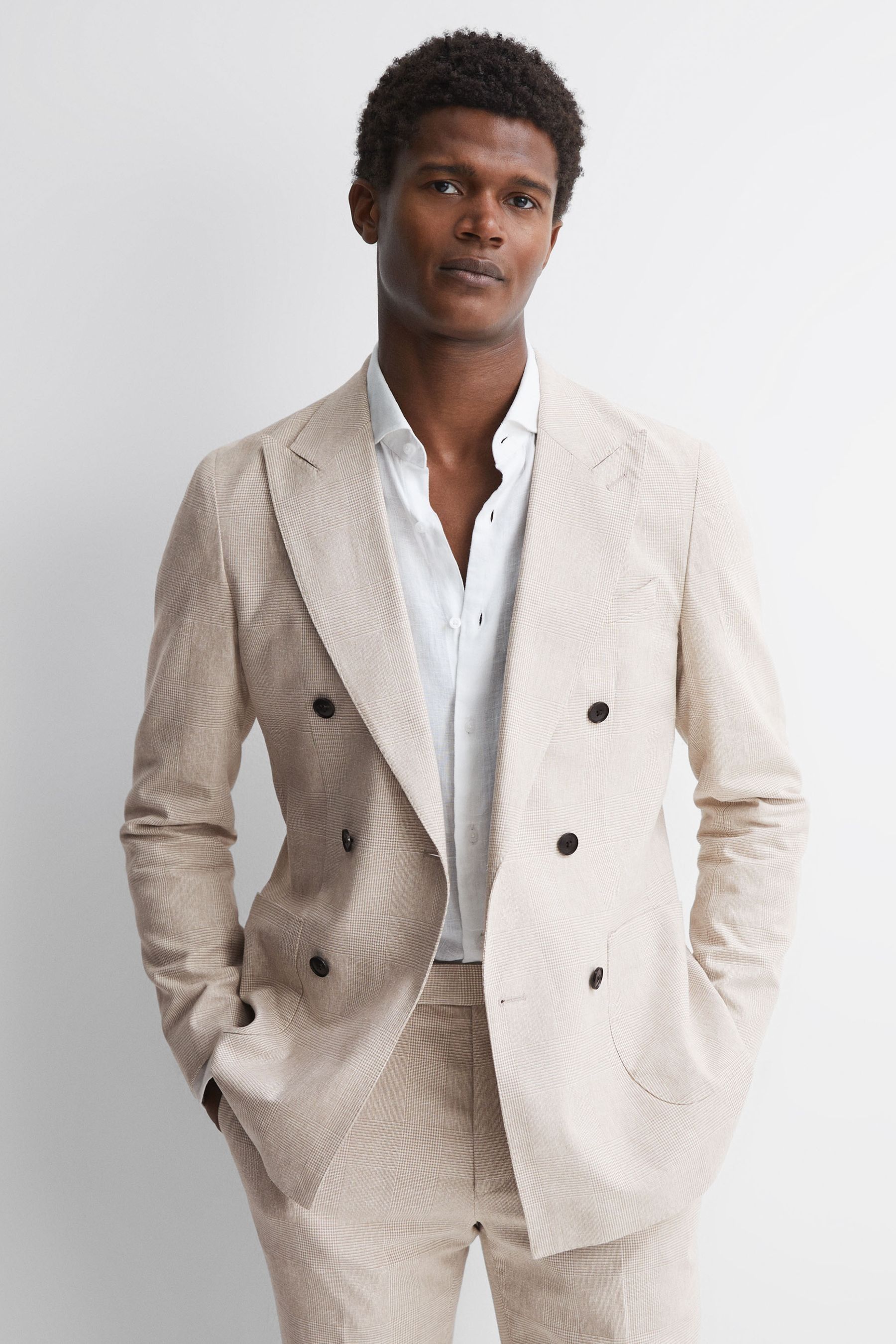 Reiss Oatmeal Slim Fit Double Breasted Cotton-Linen Check Blazer, 40