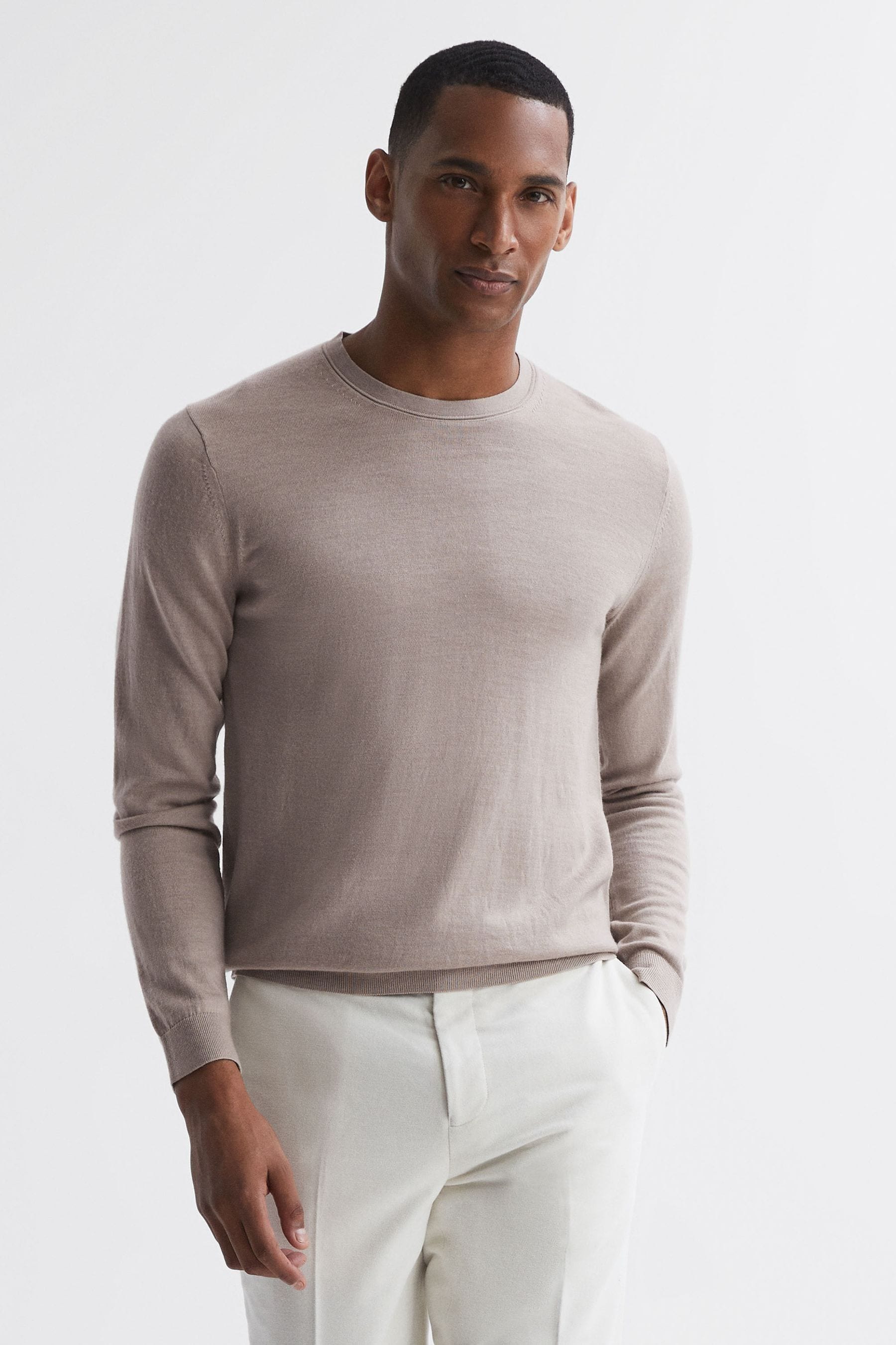 REISS WESSEX - MINK MERINO WOOL CREW NECK JUMPER, L