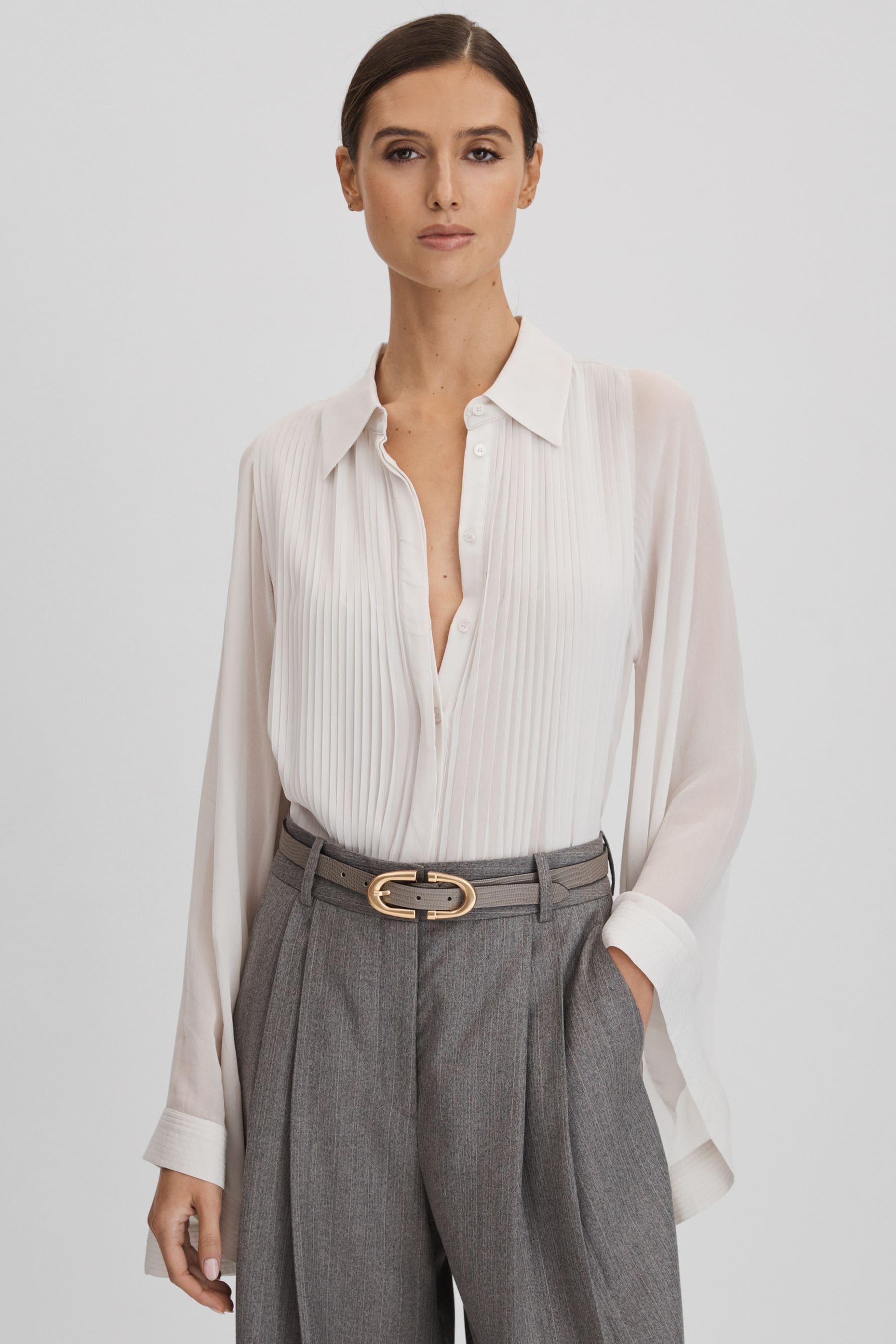 Reiss Pale Blue Pleated Flared Sleeve Blouse