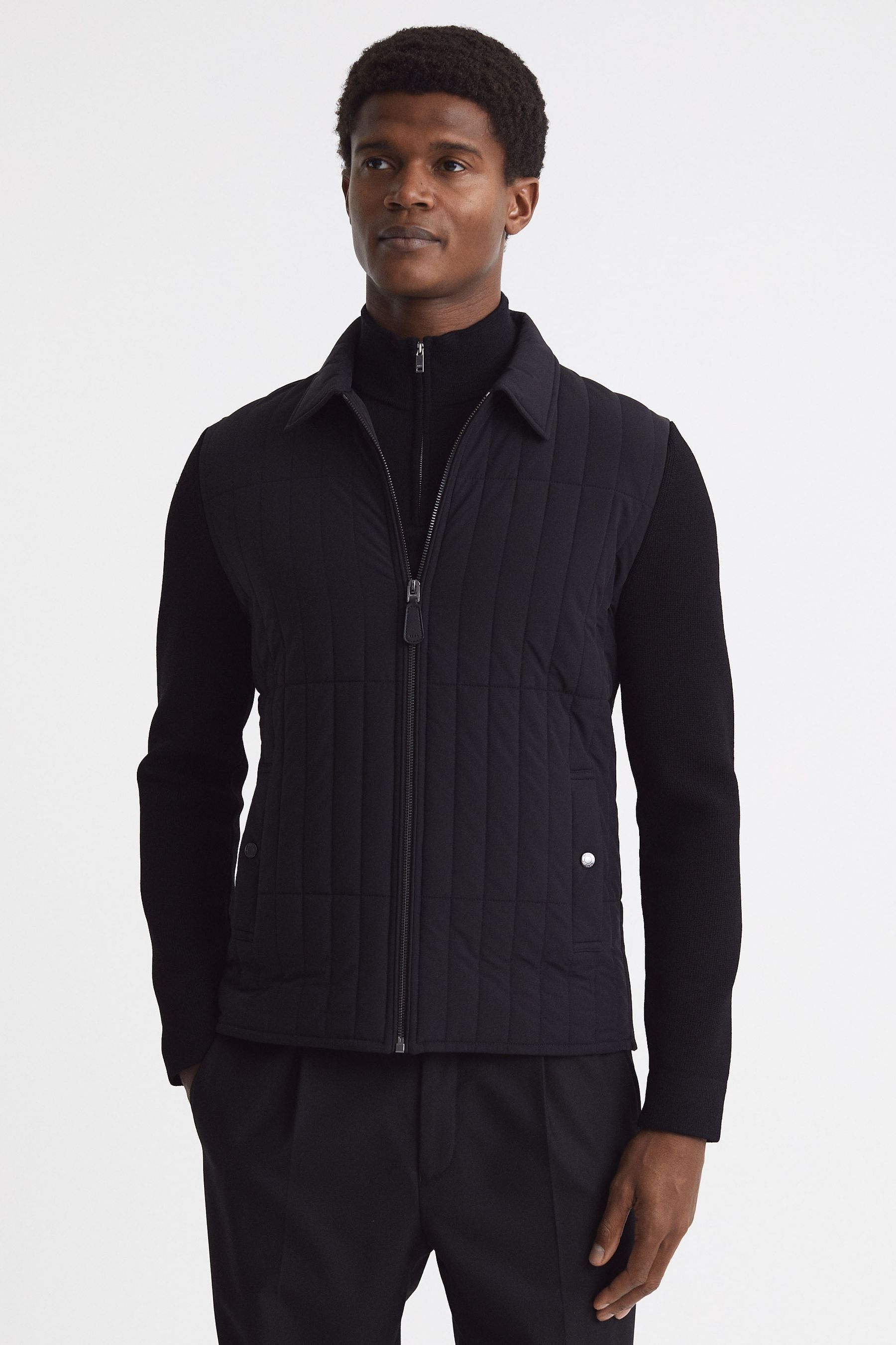 Reiss Black Hybrid Knit and Quilt Jacket, Xxl