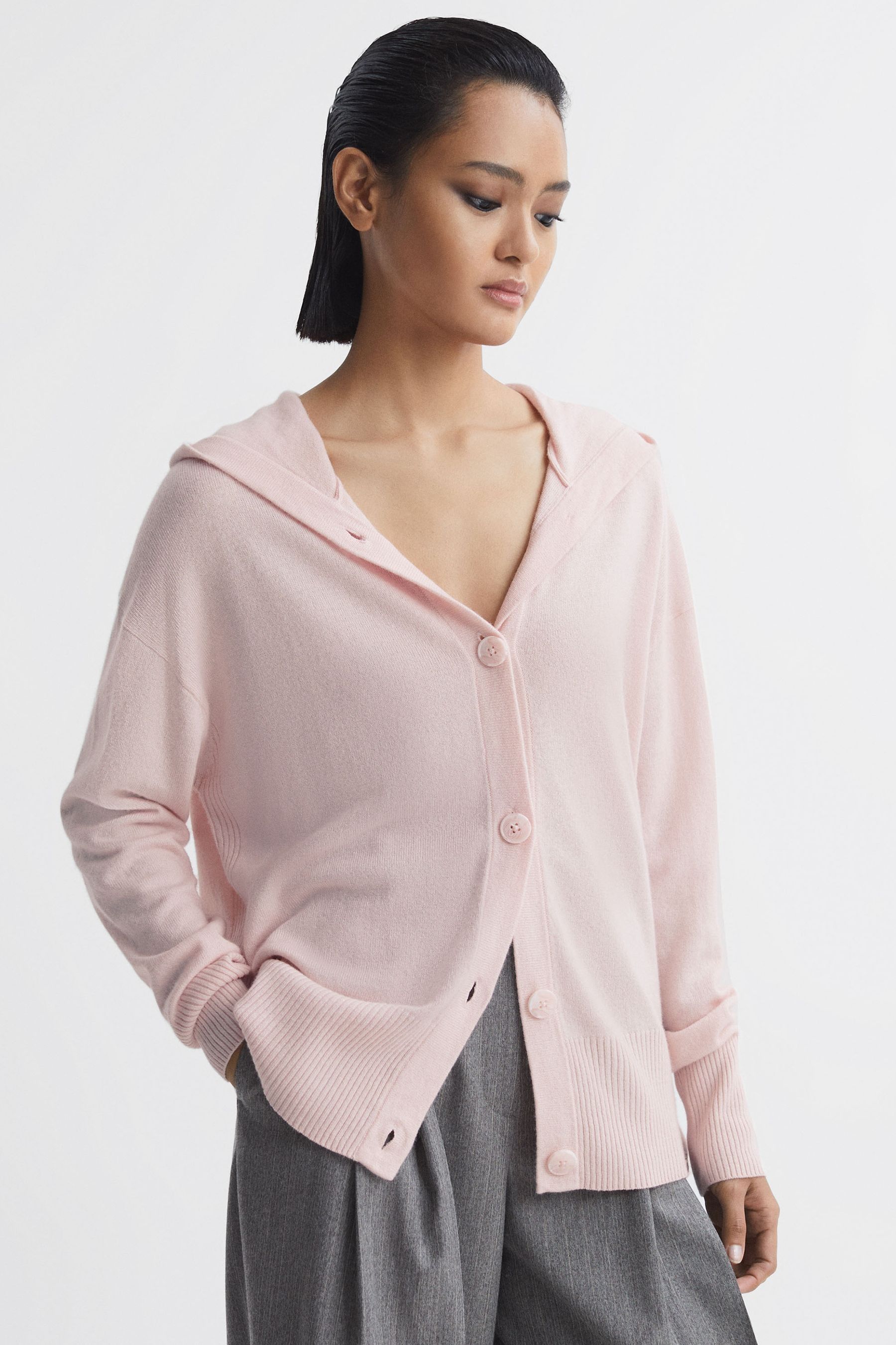 Reiss Evie - Light Pink Wool Blend Hooded Cardigan, S