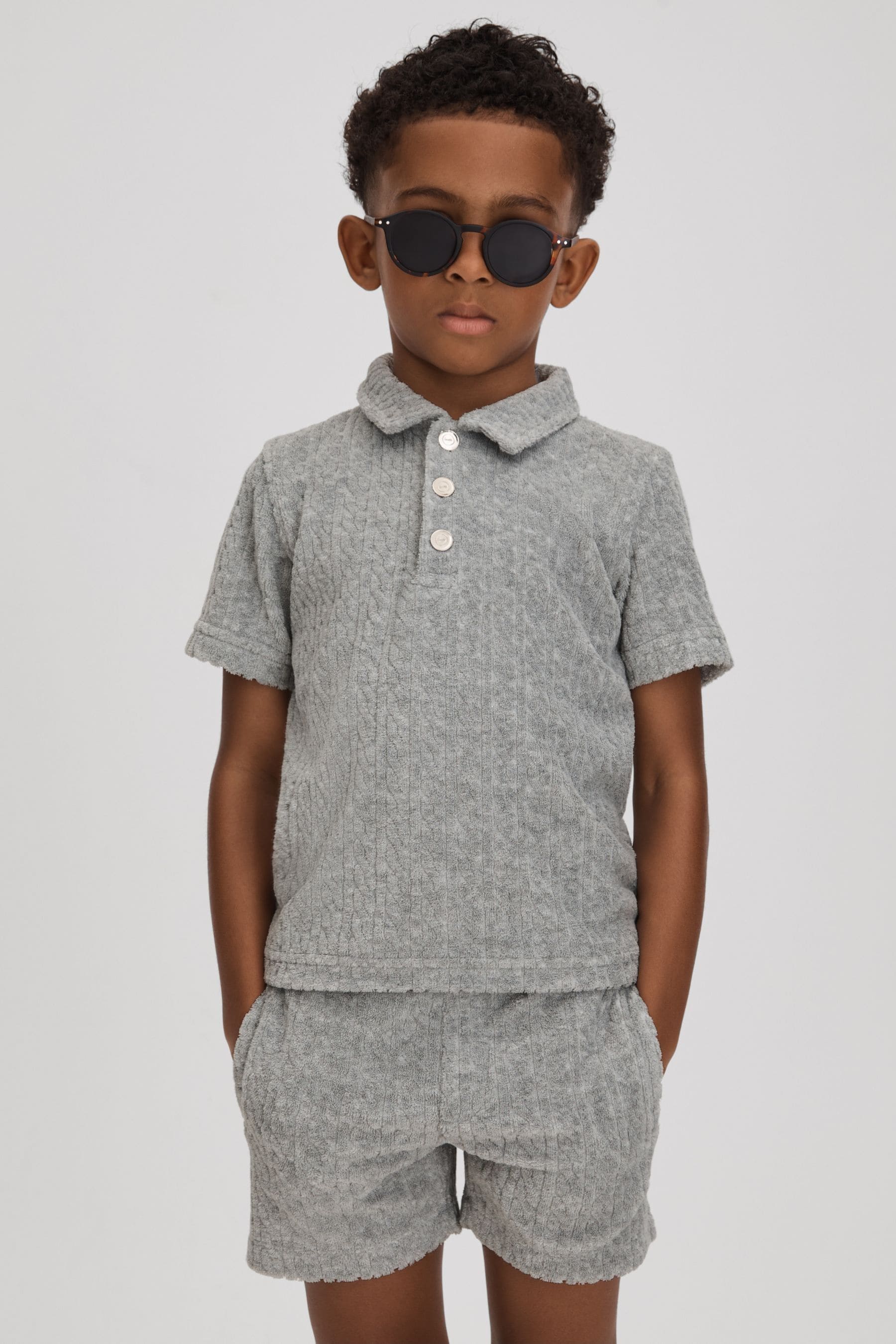 Reiss Iggy - Soft Grey Junior Towelling Polo Shirt, Age 4-5 Years