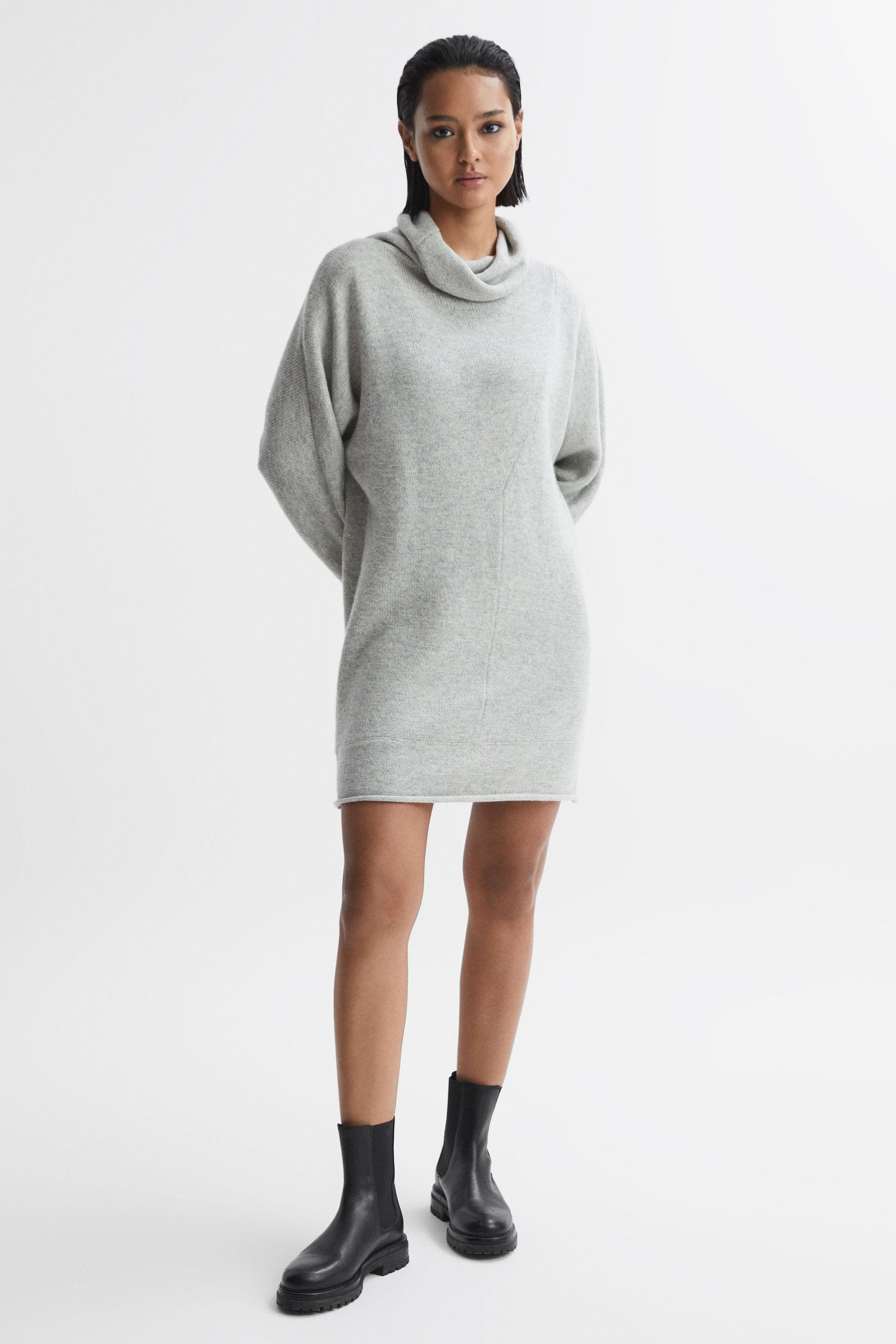 Shop Reiss Sami - Soft Grey Oversized Wool Blend Cowl Neck Mini Dress, M