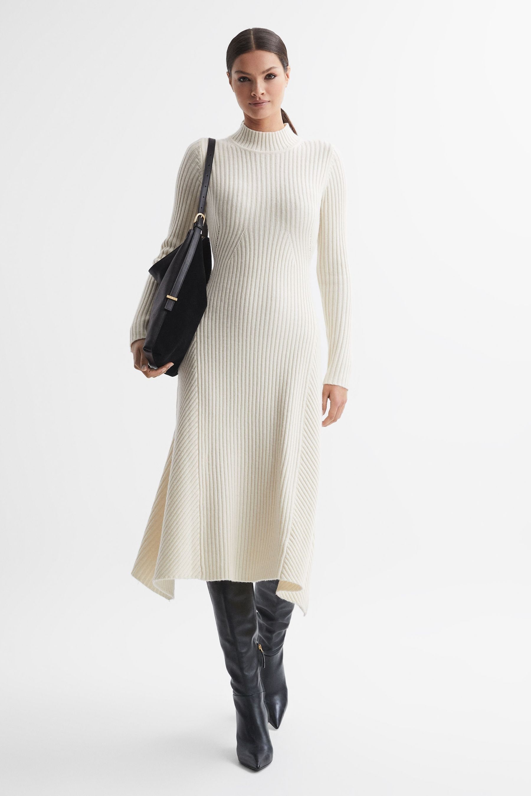Reiss Kris - Cream Wool Blend Bodycon Midi Dress, M