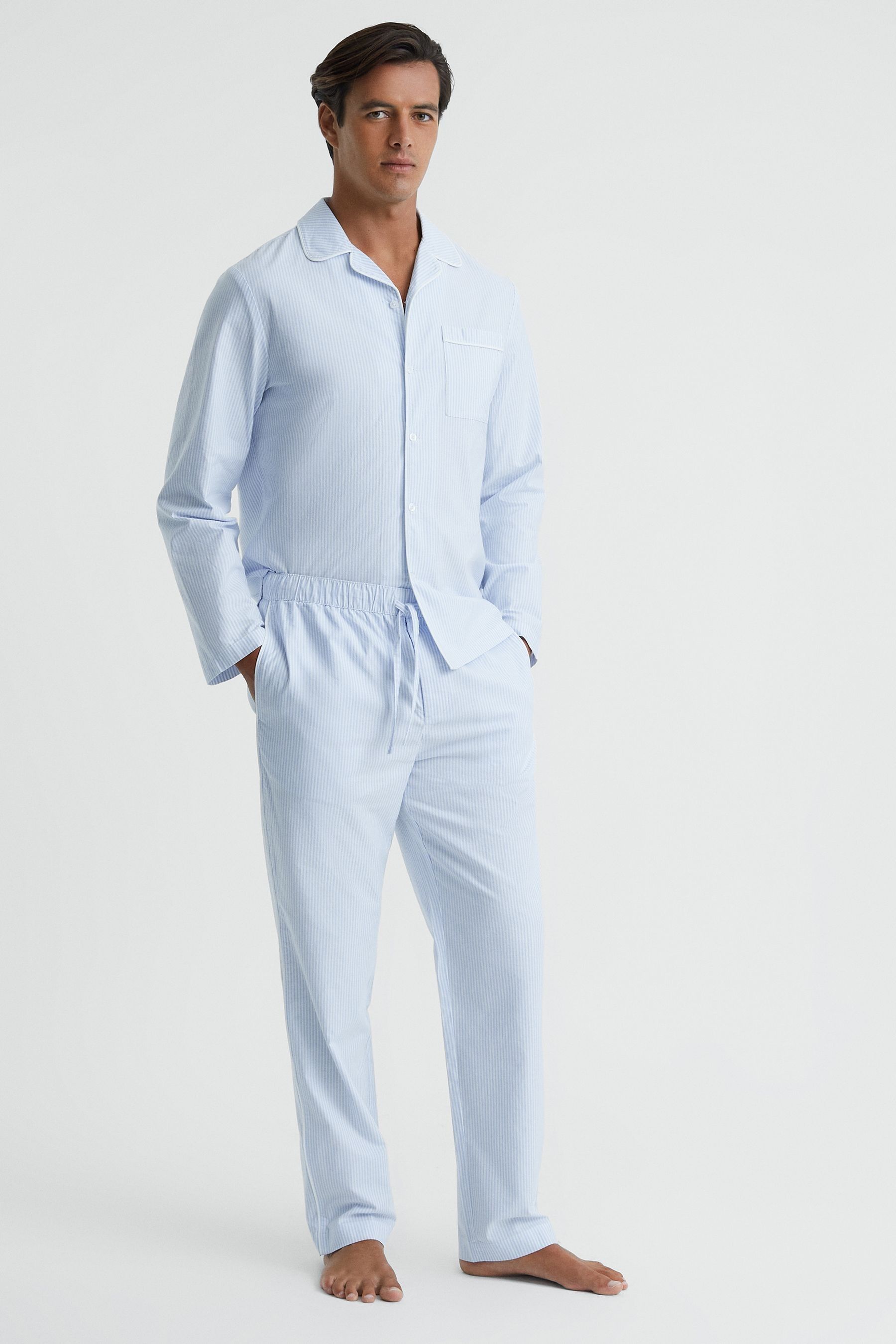 Reiss Tamworth - Blue/white Striped Cotton Drawstring Pyjama Bottoms, Xxl