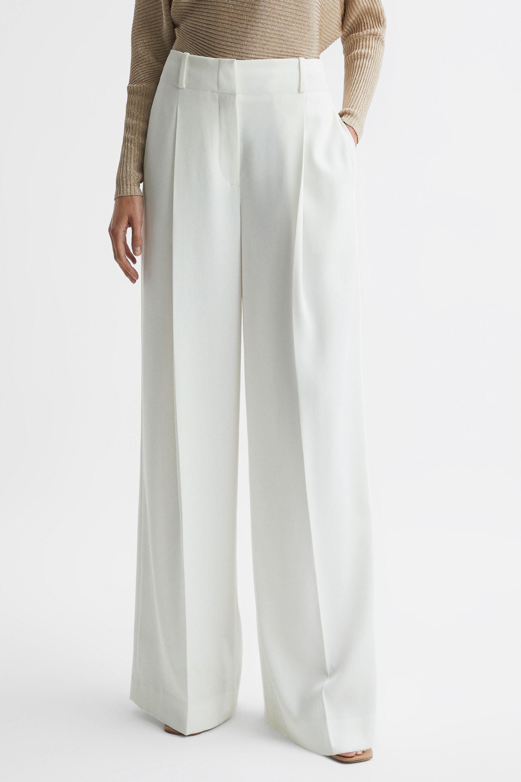 Reiss Lillie - White Mid Rise Wide Leg Trousers, Us 8