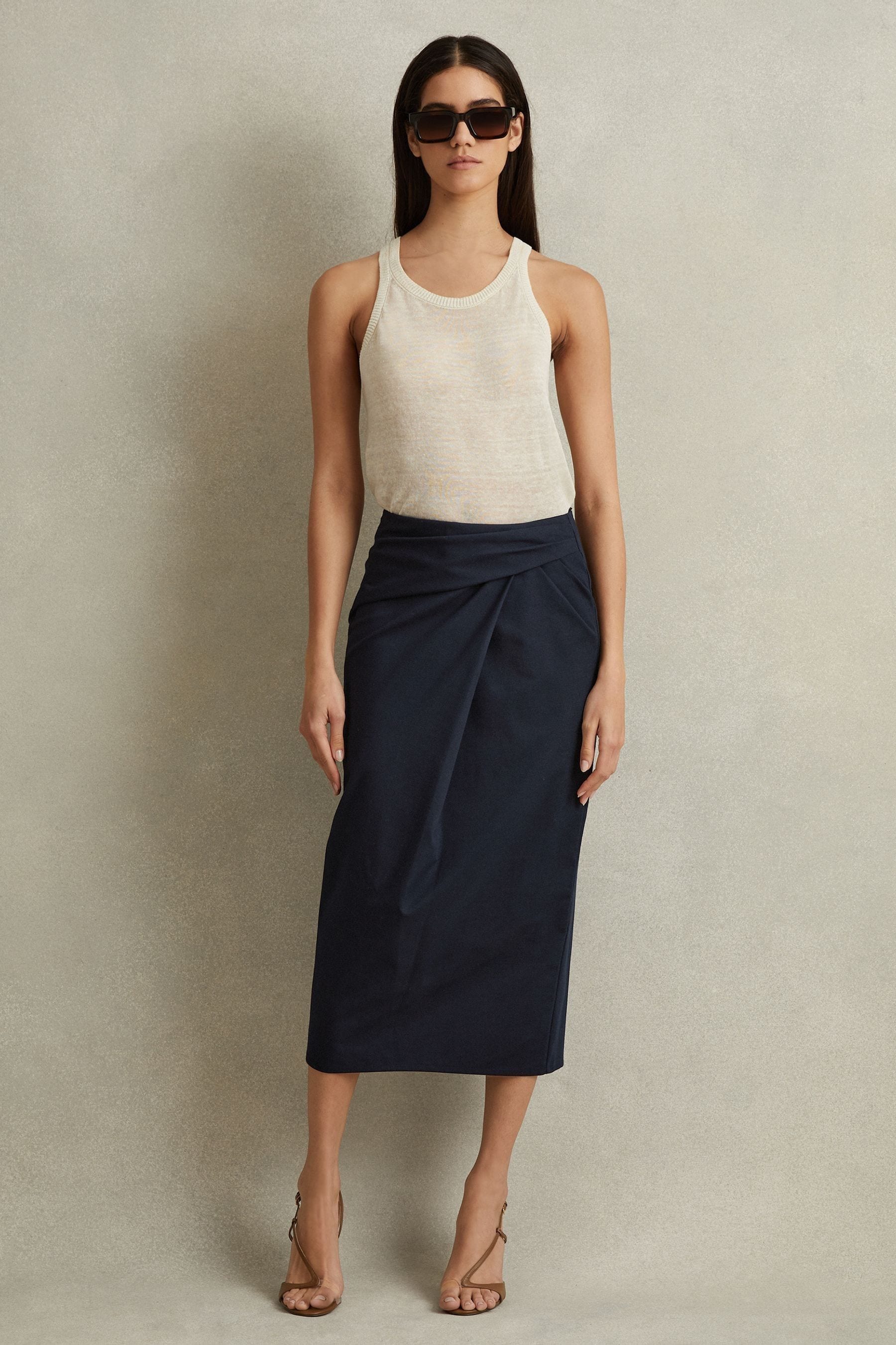Reiss Nadia - Navy Cotton Blend Wrap Front Midi Skirt, Us 8