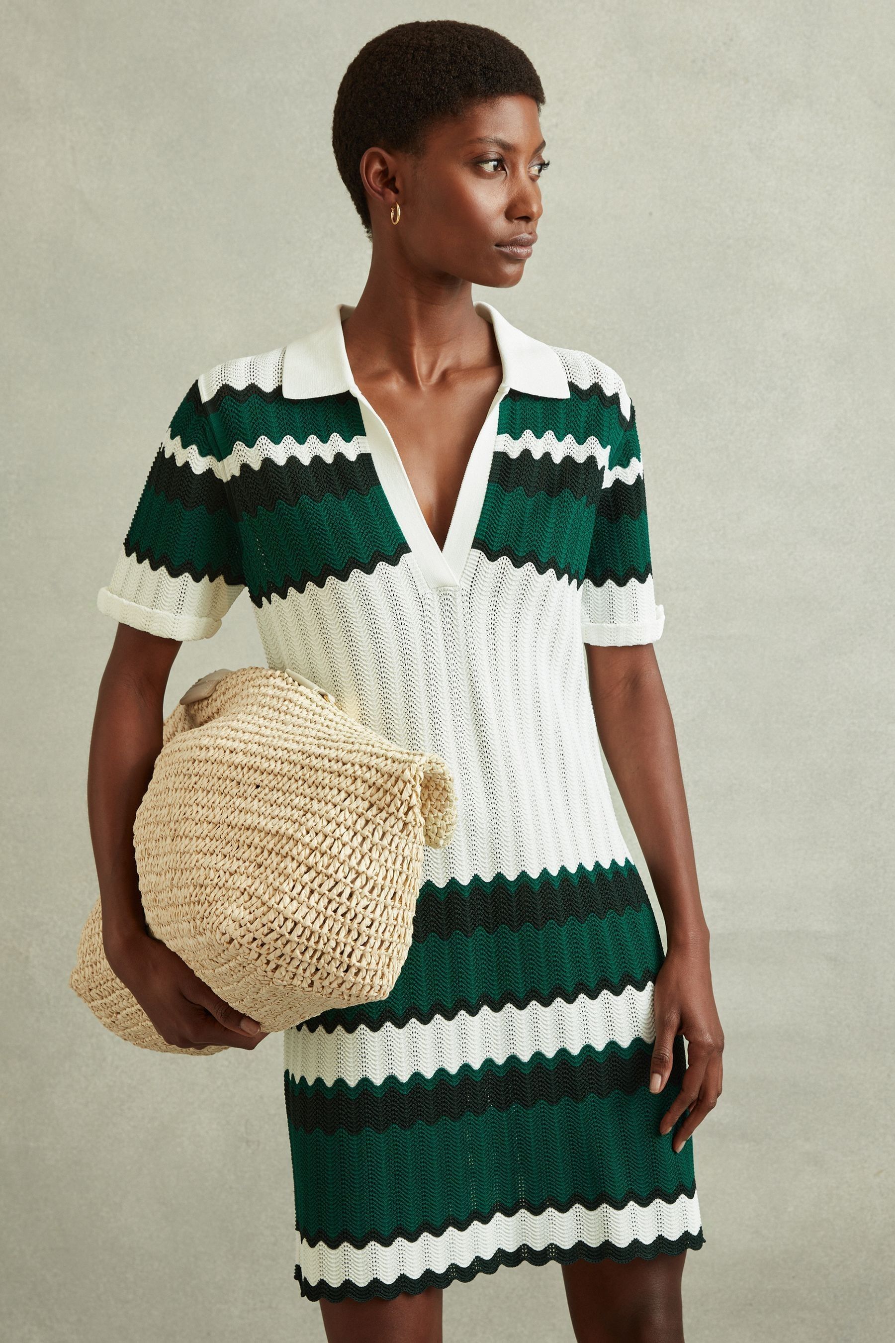 Reiss Malory - Green/white Knitted Tunic Dress, M