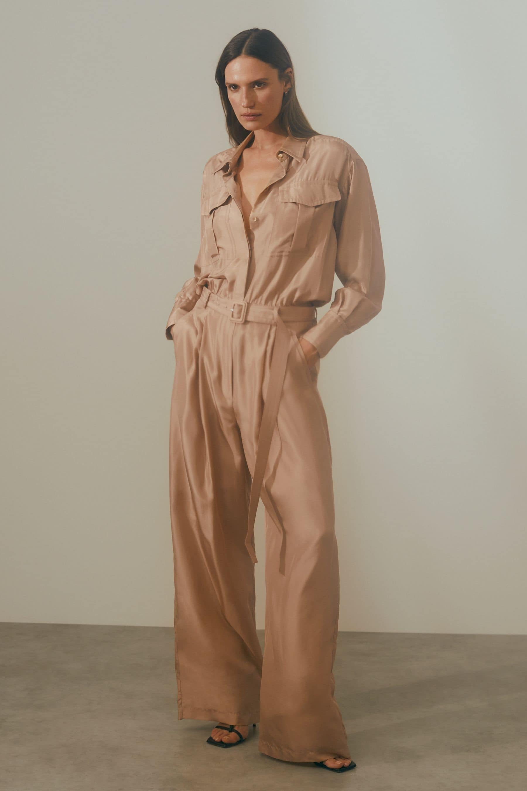 Shop Atelier Belted Wide Leg Jumpsuit In Camel