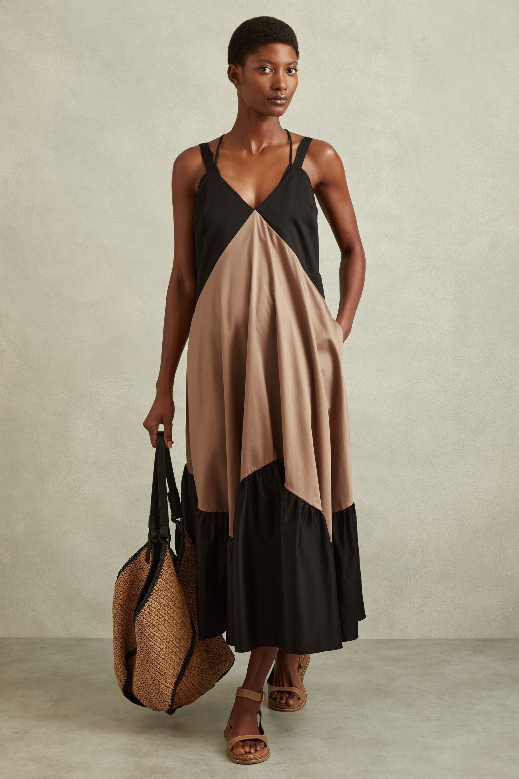 Reiss Natalie - Brown/black Cotton Colourblock Flounced Midi Dress, 14