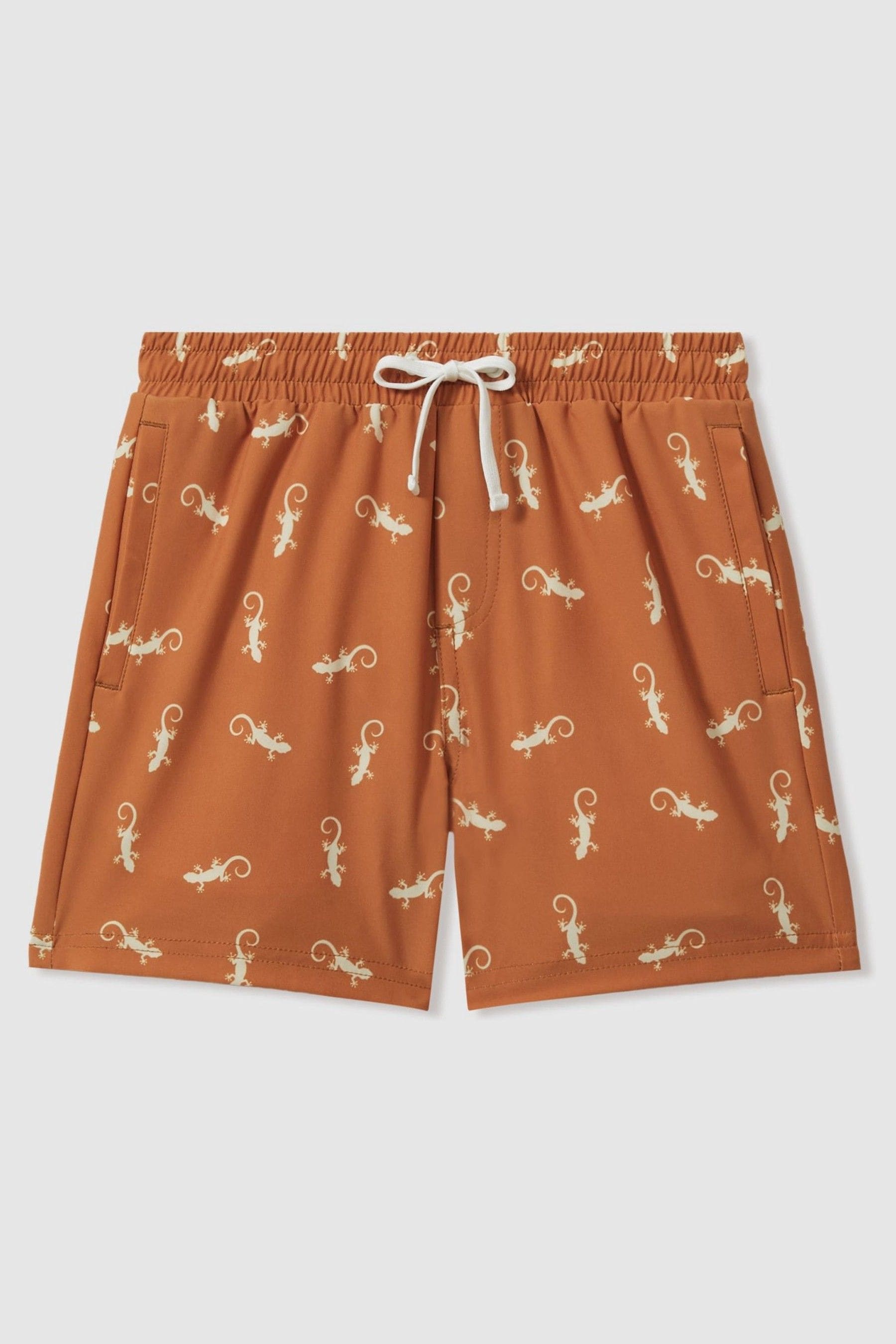 Reiss Cammy - Orange/white Reptile Print Drawstring Swim Shorts, Uk 13-14 Yrs In Brown