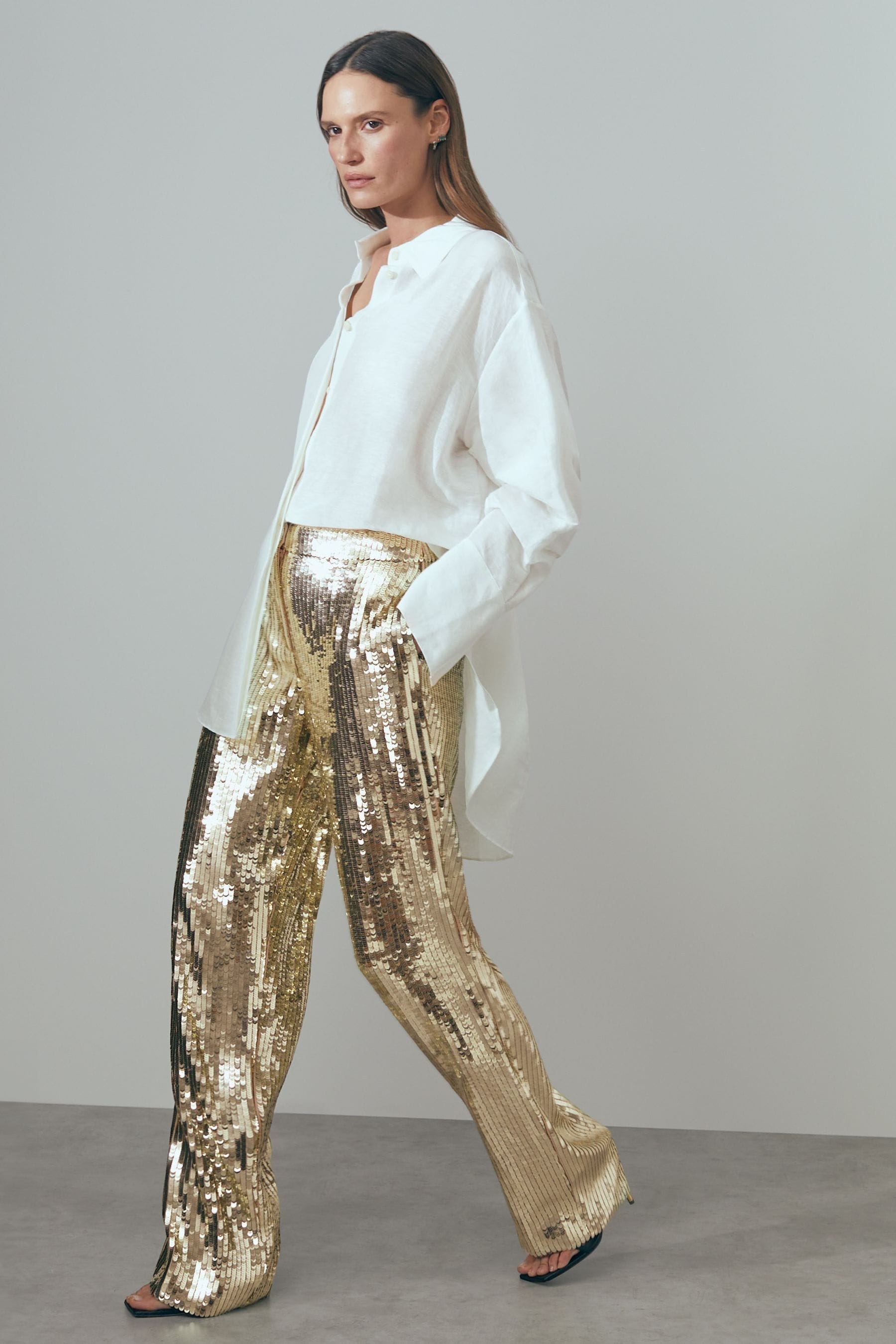 Shop Atelier Sequin Wide Leg Trousers In Gold