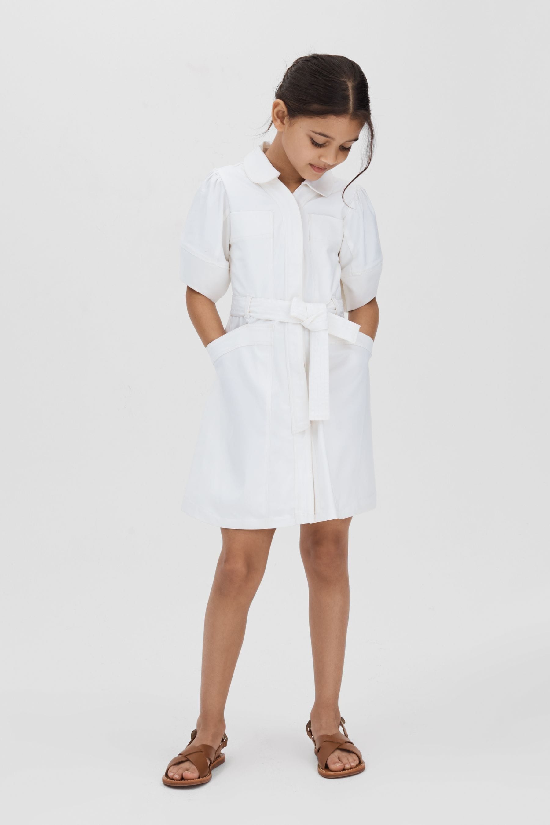 Reiss Kids' Ginny - Ivory Junior Belted Puff Sleeve Dress, Uk 7-8 Yrs In White