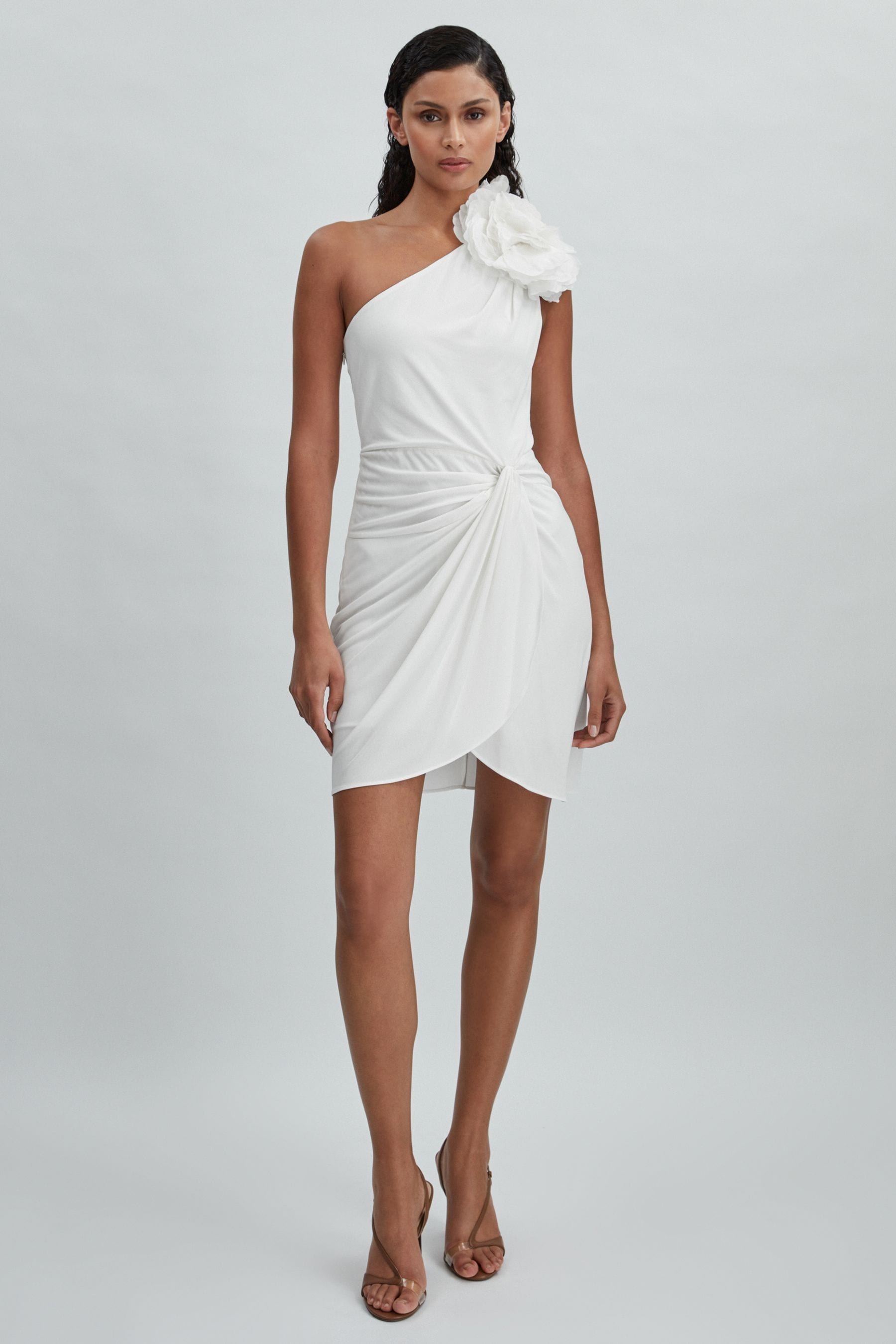 Halston One-shoulder Ruffle Mini Dress In White