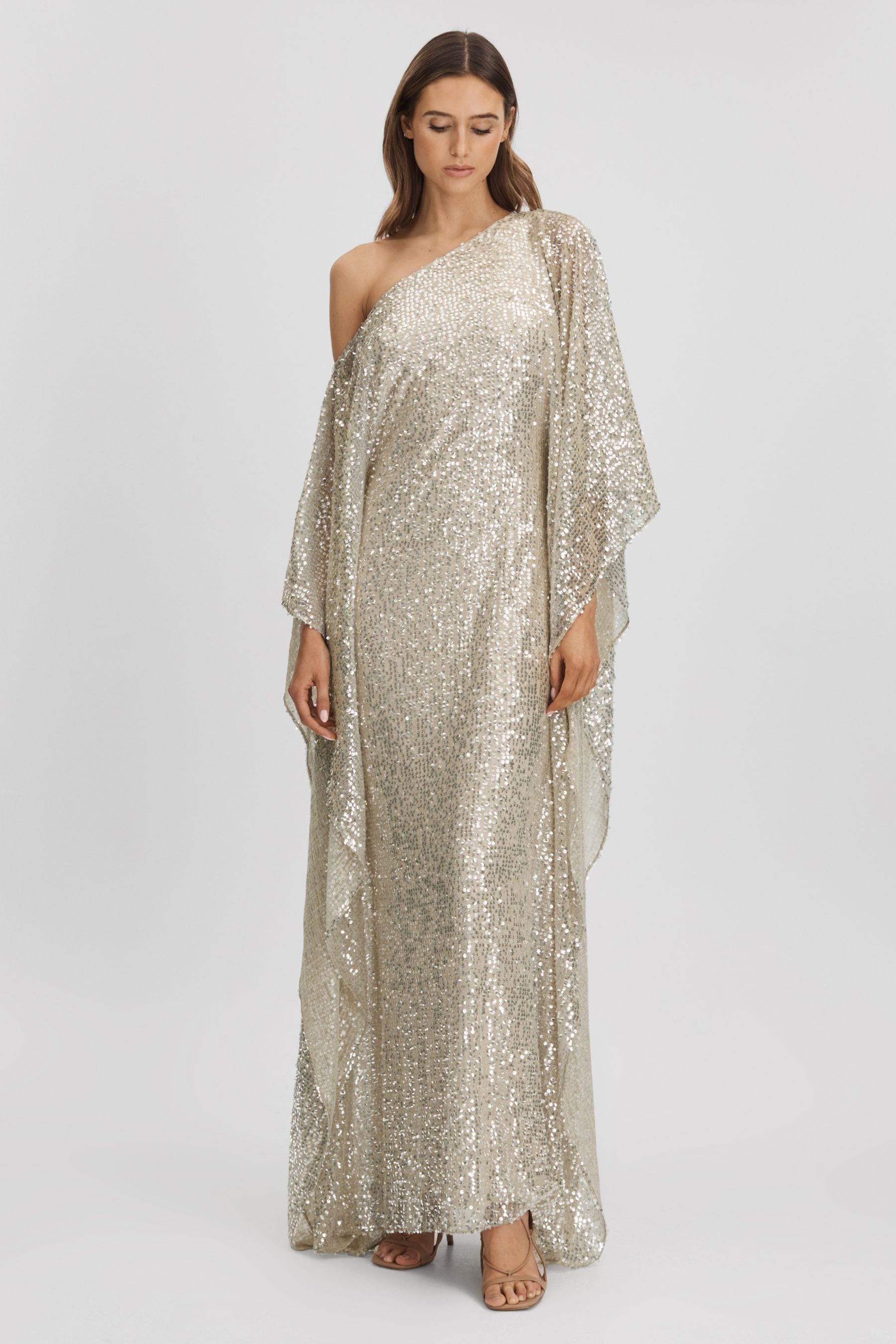 Halston Sequin Off-the-shoulder Maxi Dress In Champagne