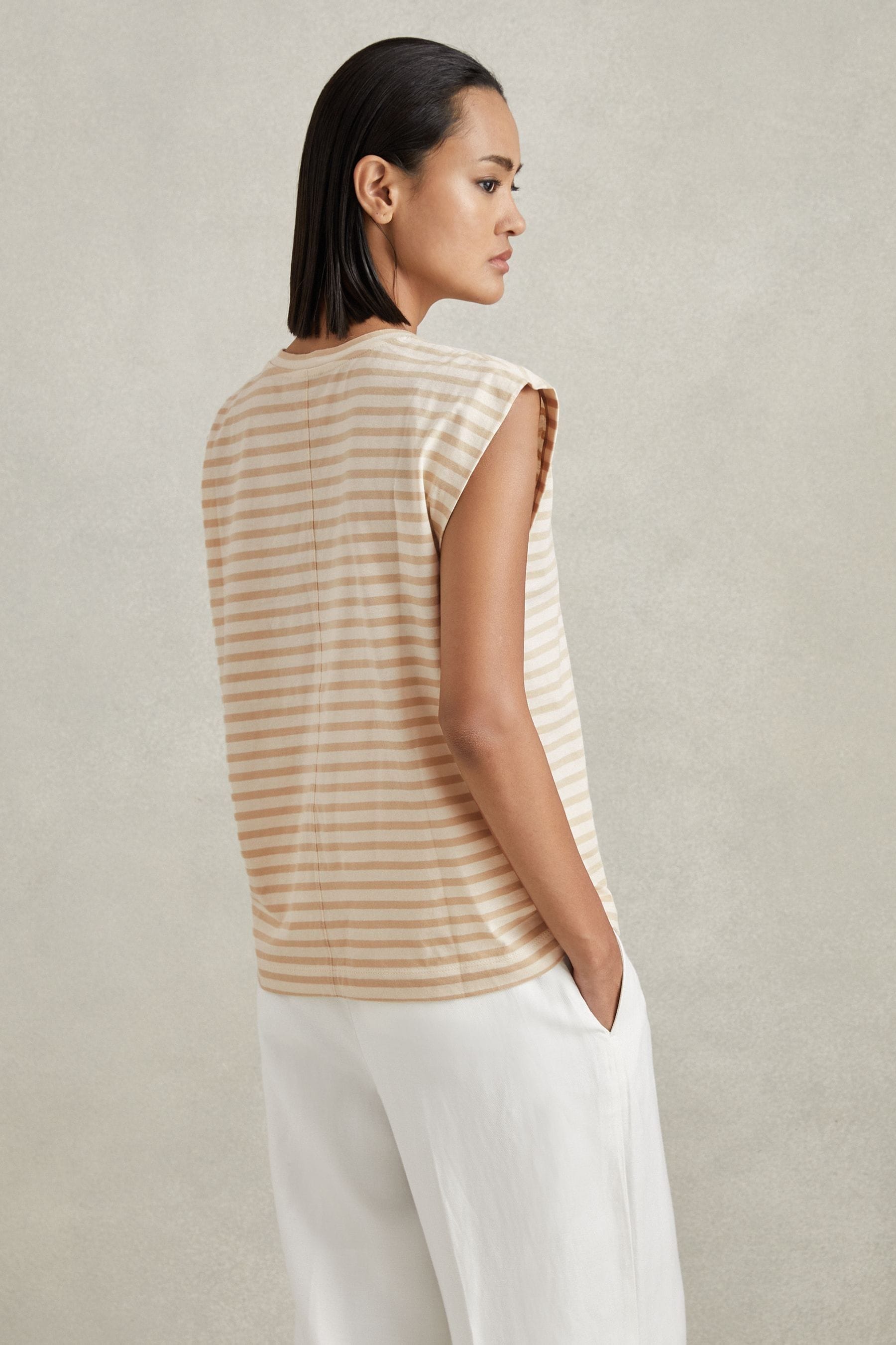 Shop Reiss Morgan - Neutral/white Cotton Striped Capped Sleeve T-shirt, S
