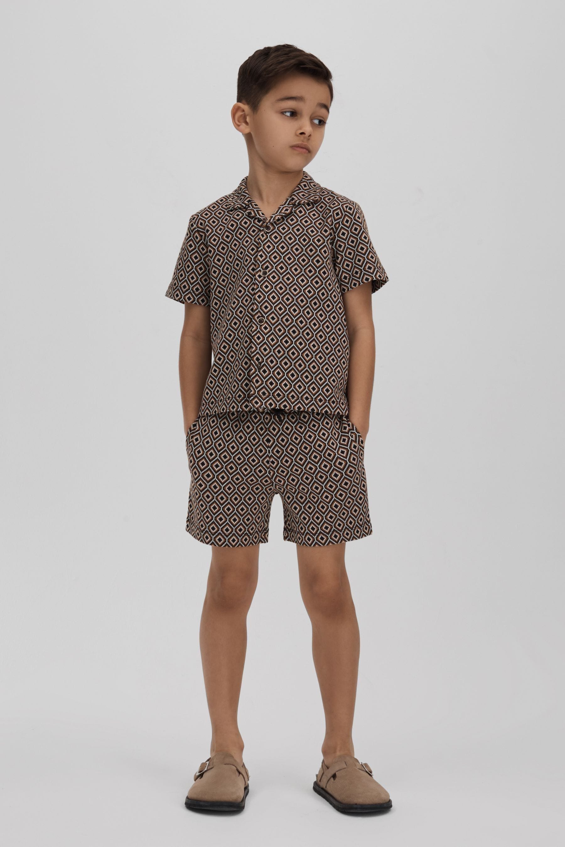 Shop Reiss Grove - Tobacco Multi Jacquard Cuban Collar Shirt, Age 6-7 Years
