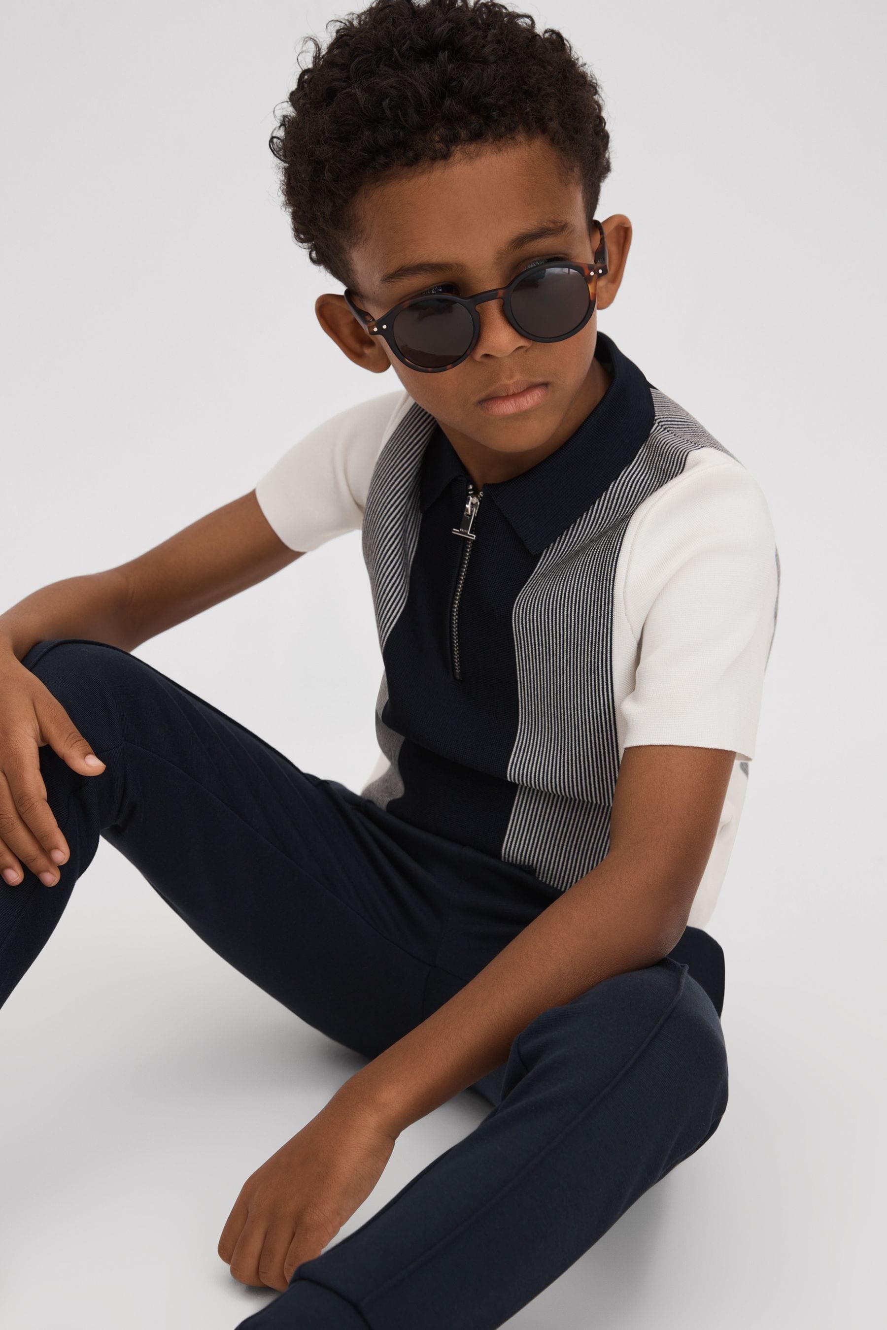 Reiss Kids' Milton - Navy Half Zip Striped Polo Shirt, Uk 9-10 Yrs