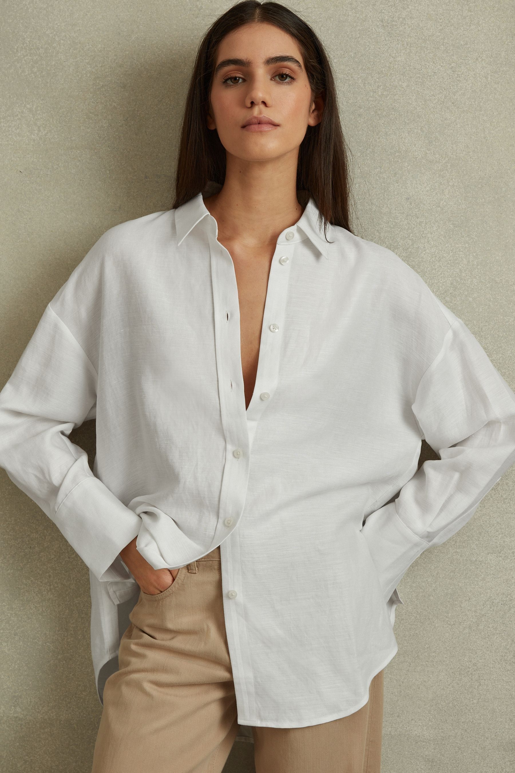 Shop Reiss Sian - White Relaxed Fit Lyocell Linen Button Through Shirt, Us 2