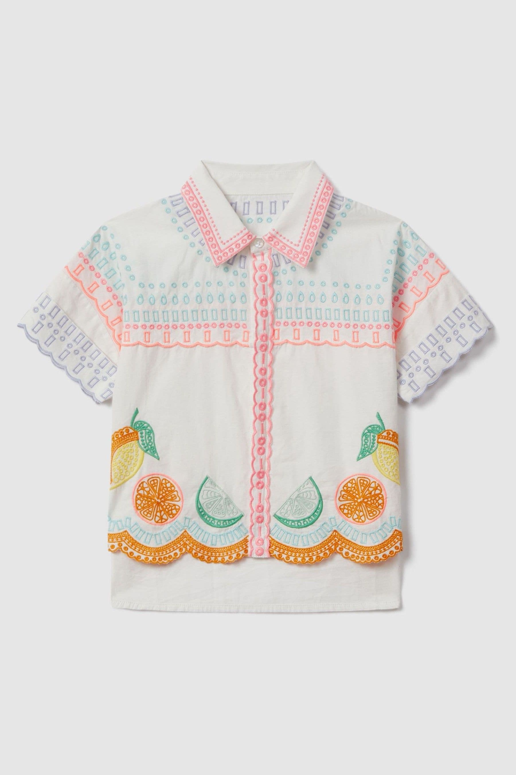 Reiss Cesca - Ivory Print Teen Cotton Broderie Shirt, In Neutral