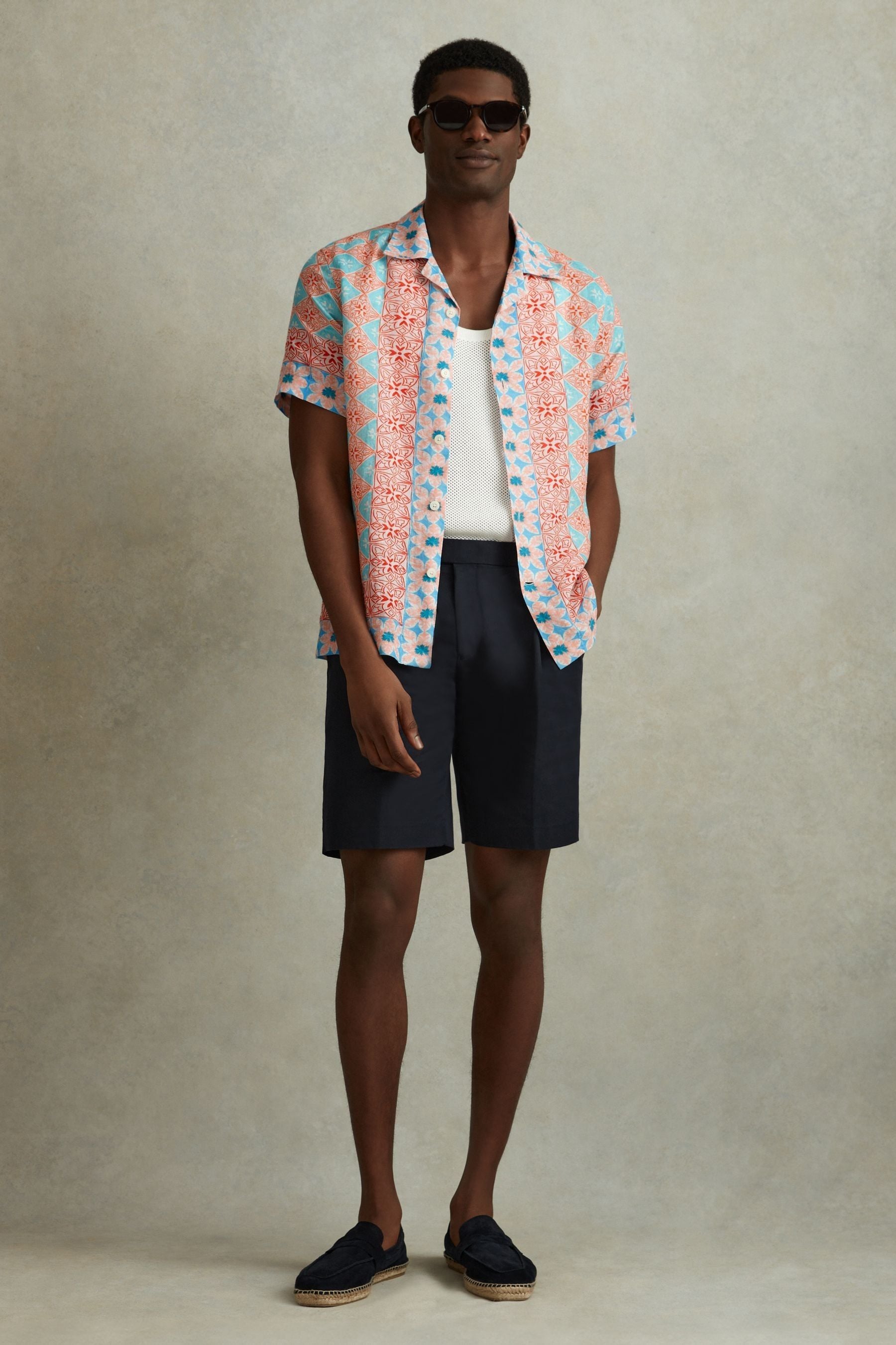 Reiss Orange Multi Linen Printed Cuban Collar Shirt In Orange Multi