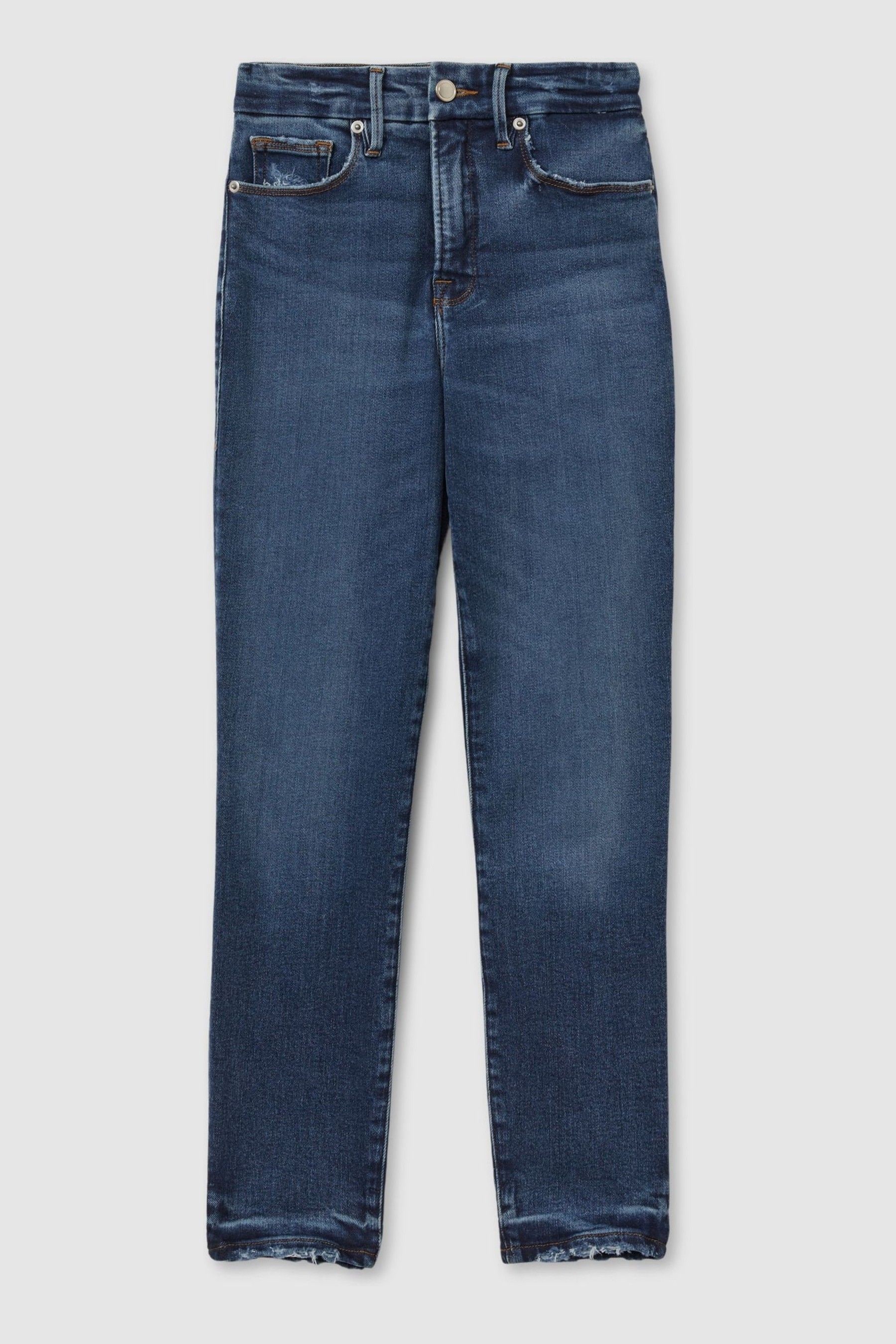 Good American Indigo Mid Rise Raw Hem Skinny Jeans In Indigo
