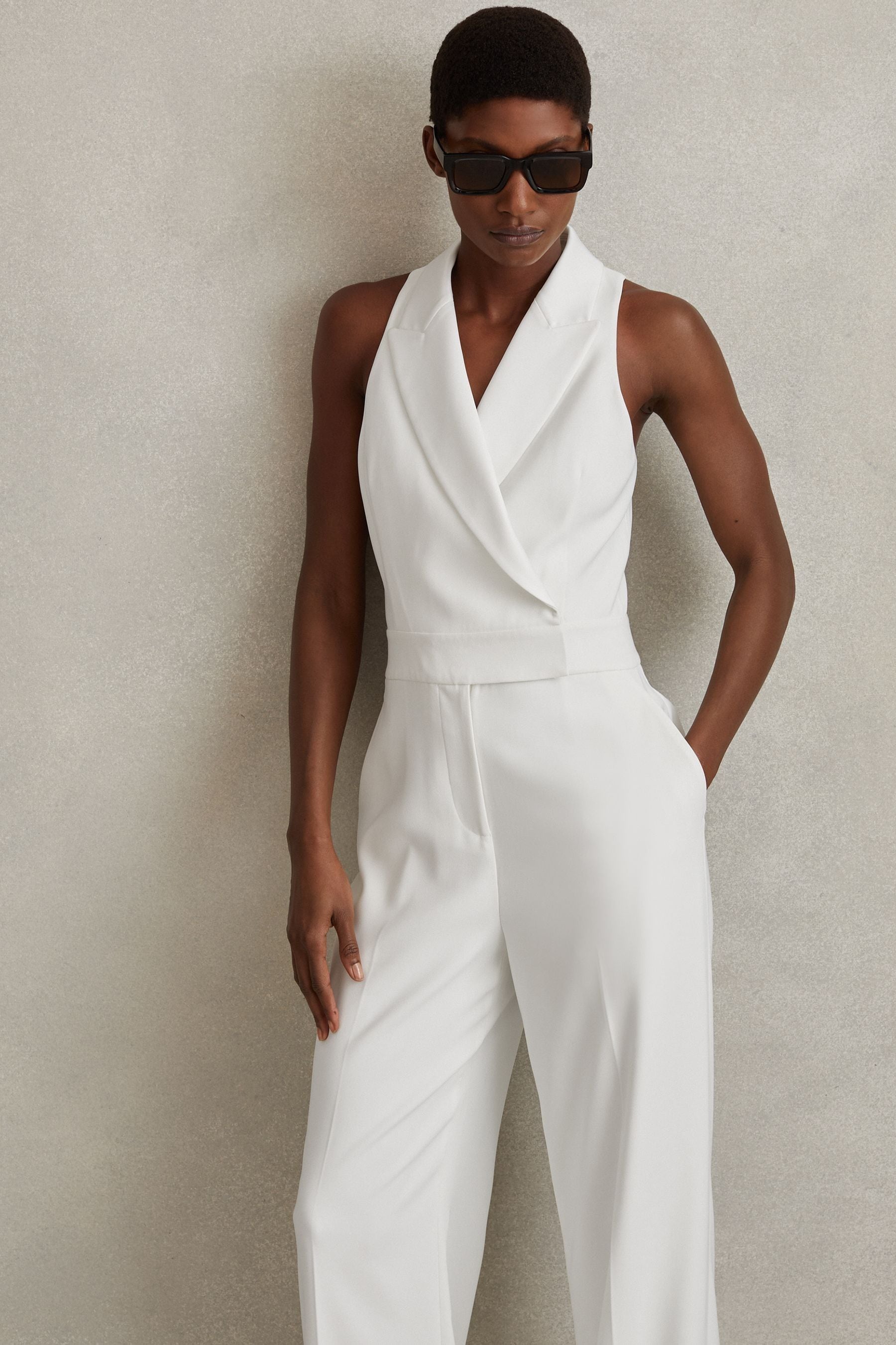 Reiss Lainey - White Double Breasted Satin Tux Jumpsuit, Us 2