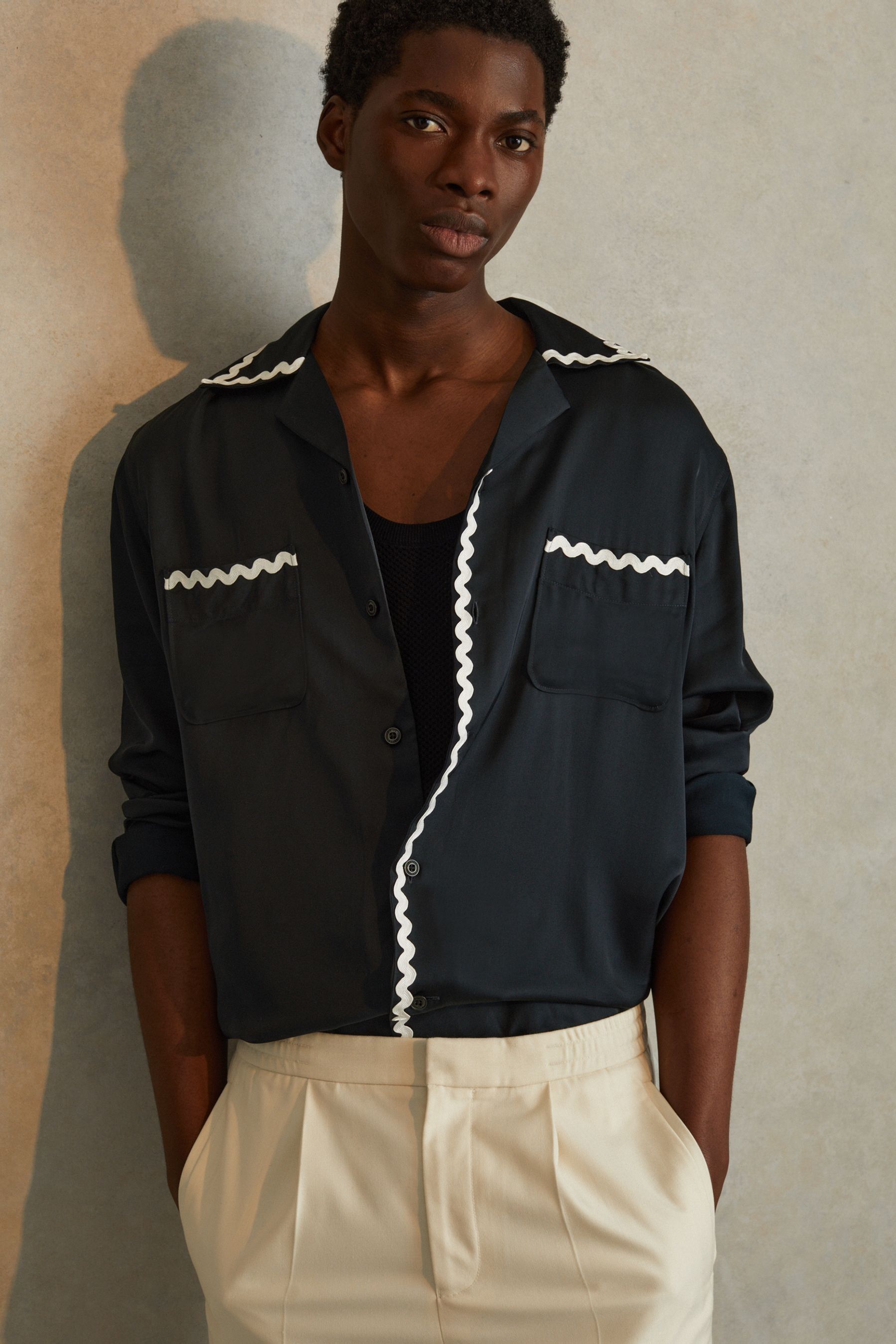 Shop Reiss Fable - Navy Viscose Satin Contrast Trim Cuban Collar Shirt, M