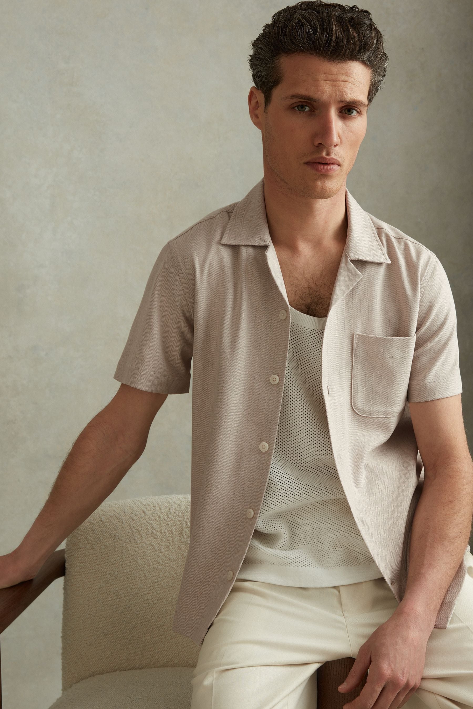 Nitus - Stone Herringbone Cuban Collar Shirt