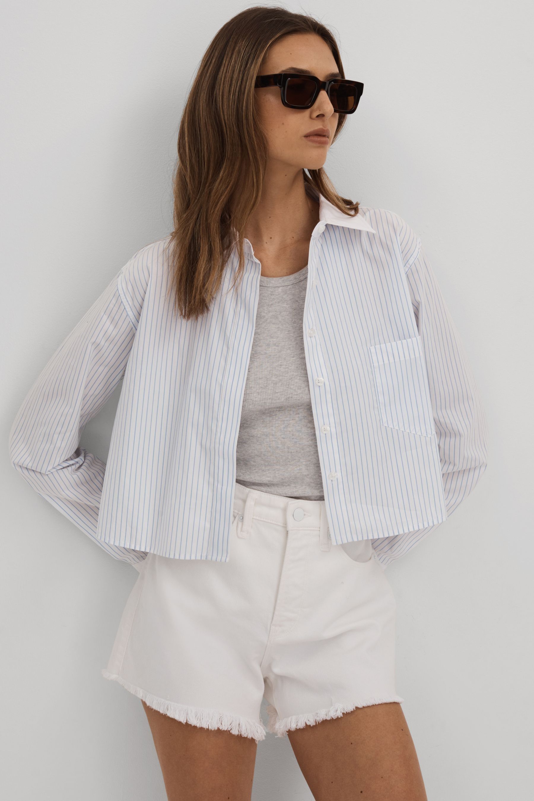 Good American Shirt Cotton Striped, Blue Stripe Size: S