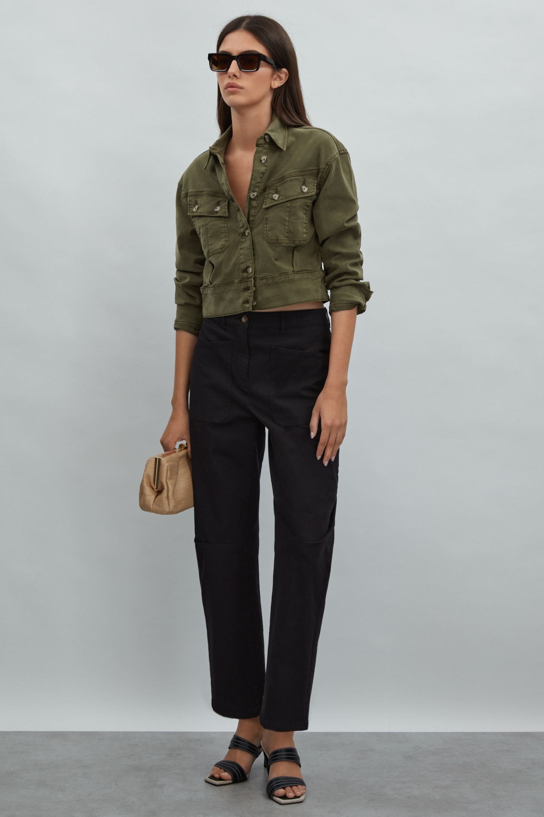 Shop Paige Cropped Denim Jacket In Military Green