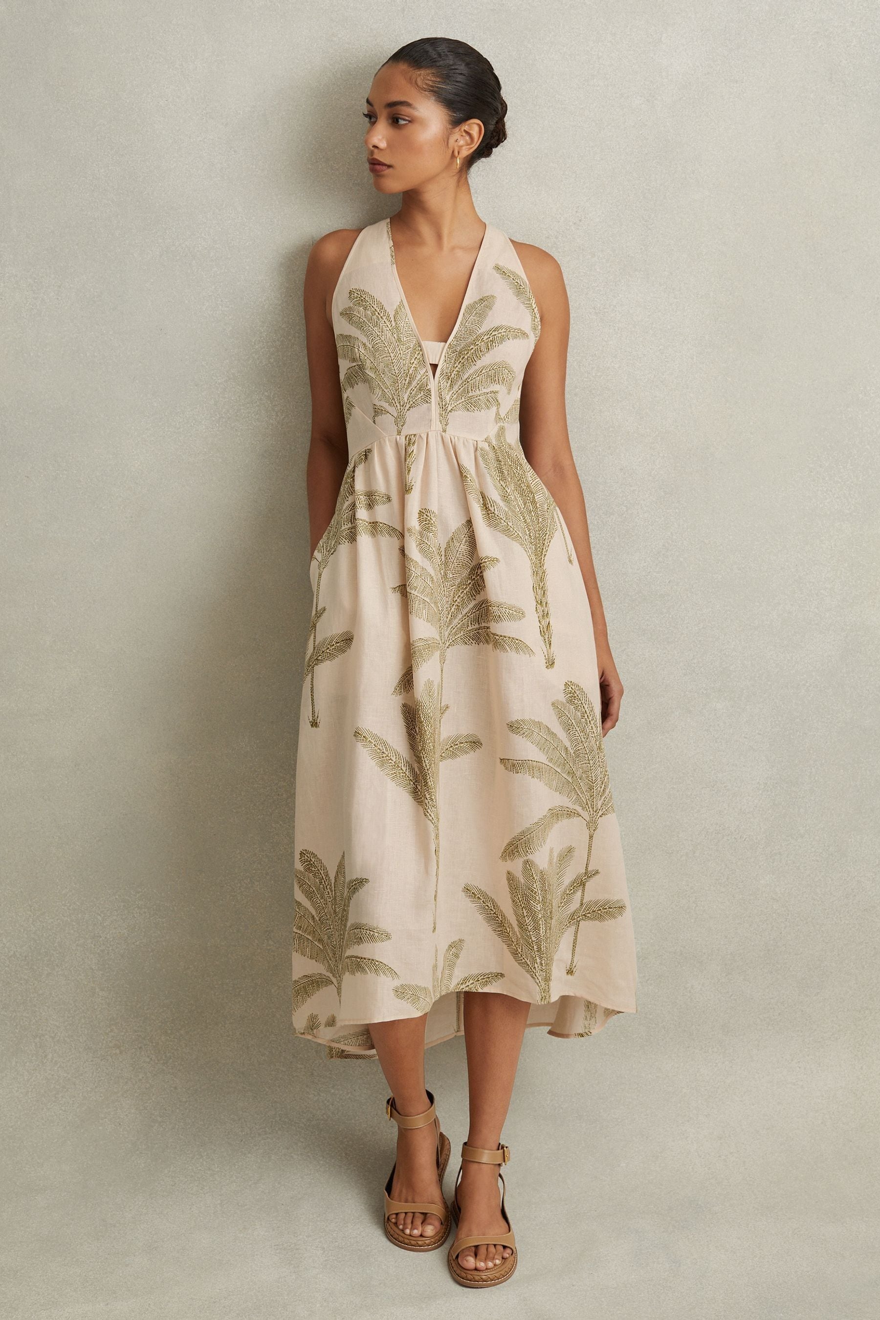 Shop Reiss Anna - Neutral/green Linen Tropical Print Midi Dress, Us 4
