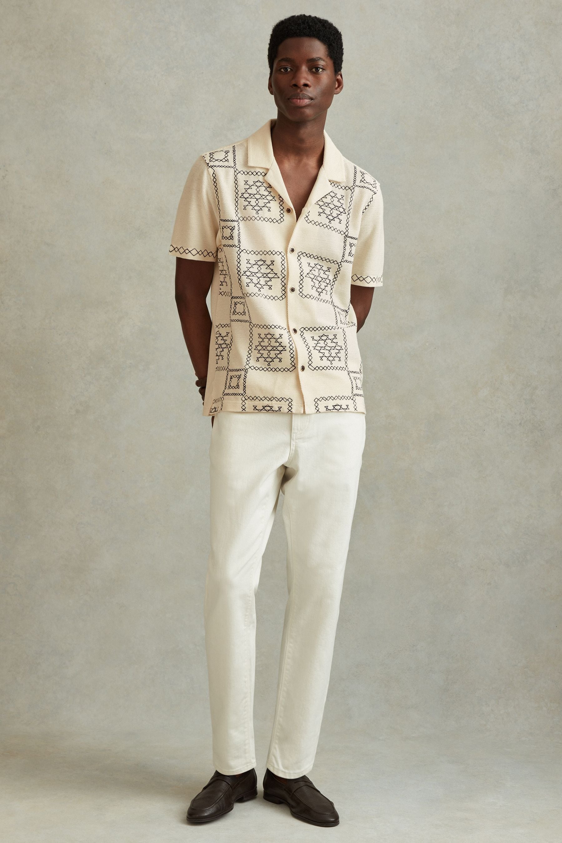 Shop Reiss Cosmos - Ecru/navy Textured Embroidered Cuban Collar Shirt, Xs