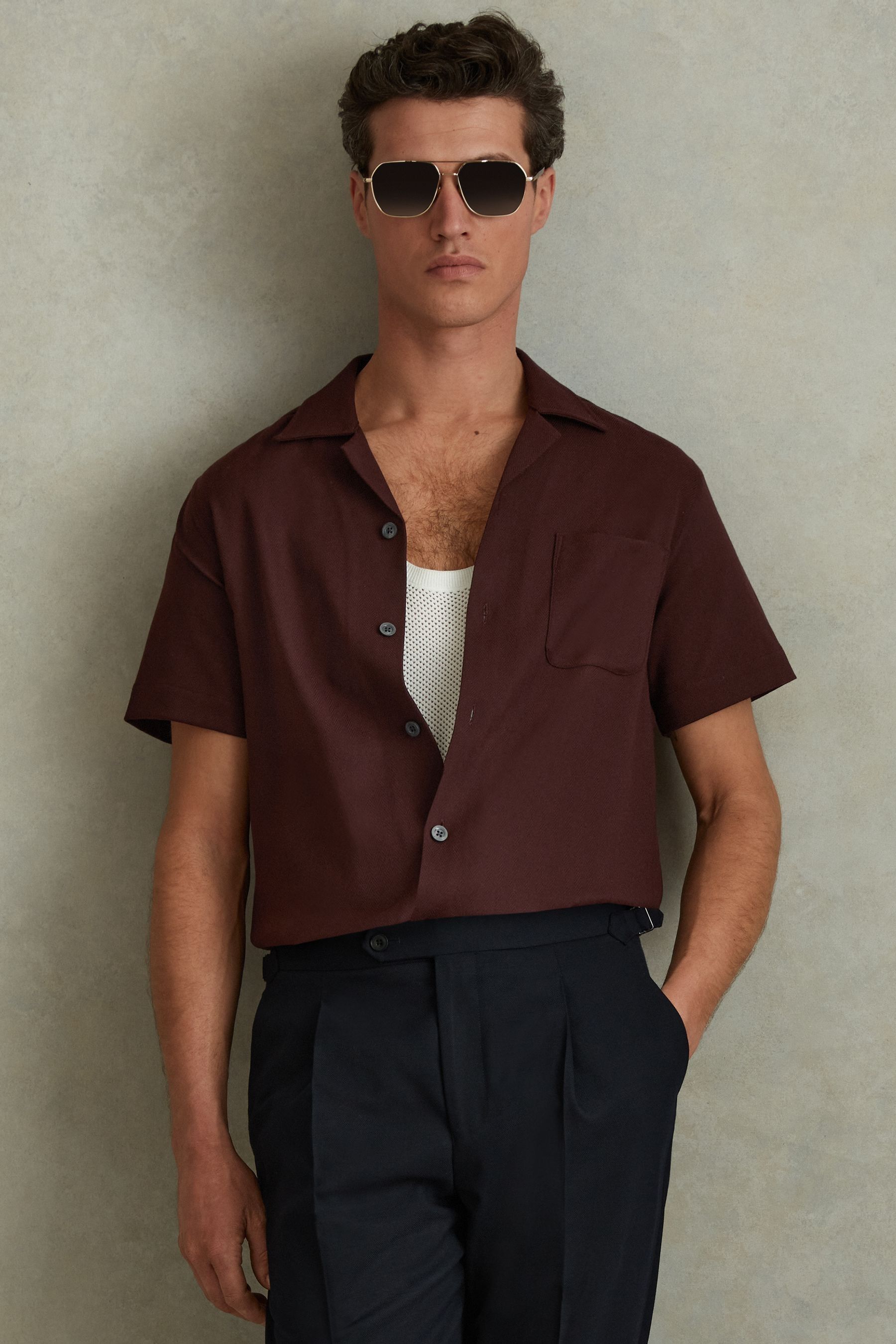 Reiss Tobacco Nitus Herringbone Cuban Collar Shirt In Tobacco