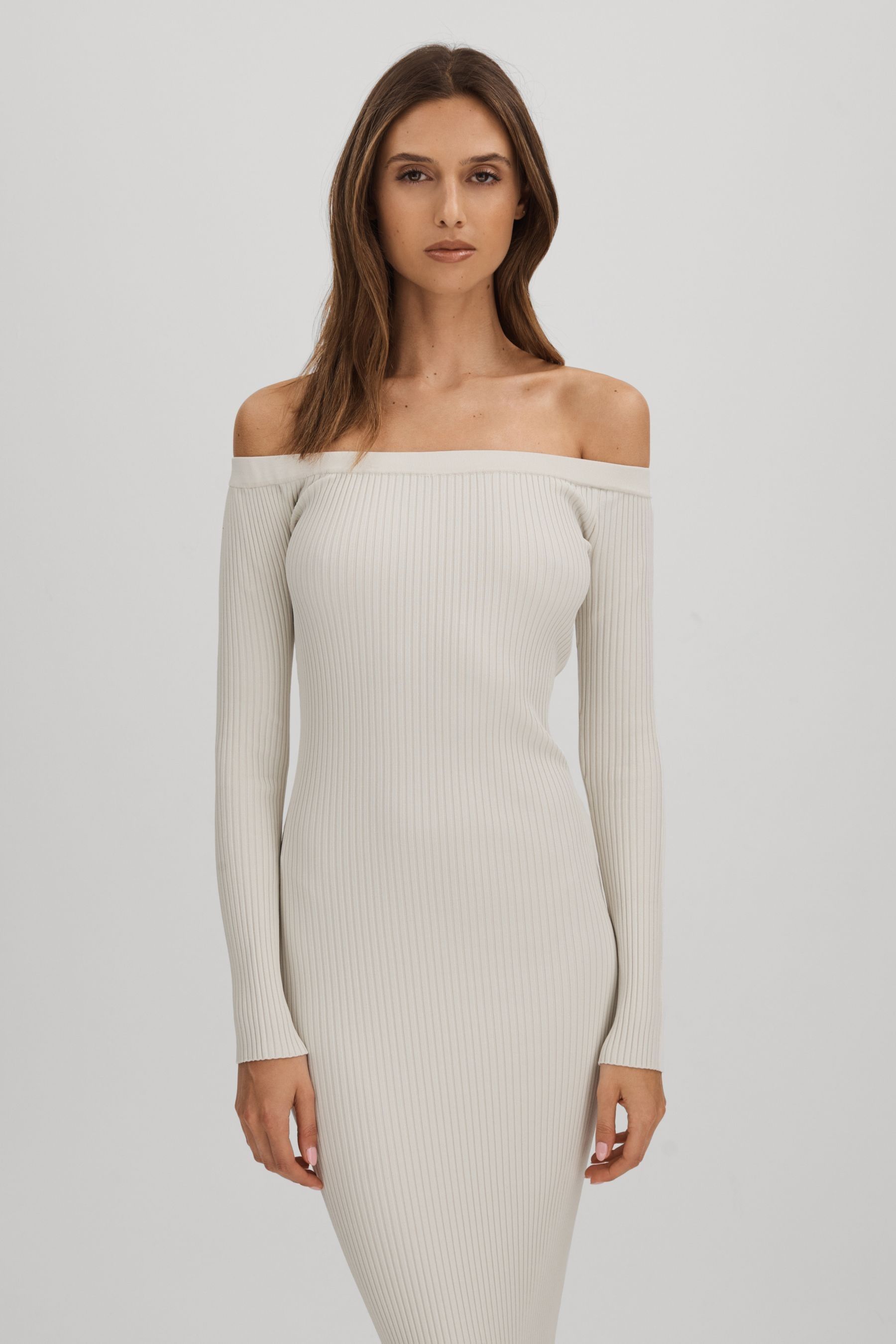 Good American Cloud White Ribbed Off The Shoulder Maxi Dress, M