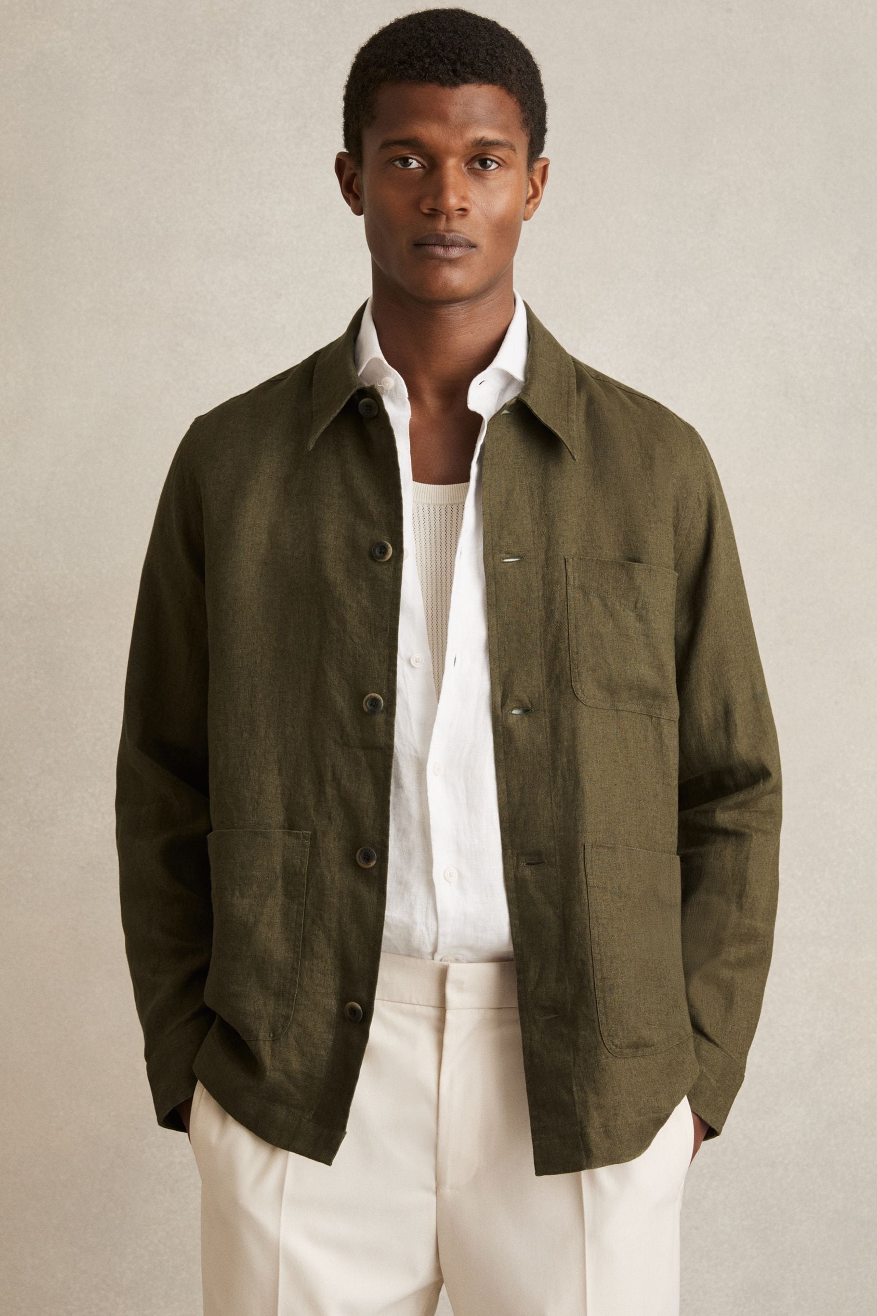 Reiss Khaki Linen Worker Jacket