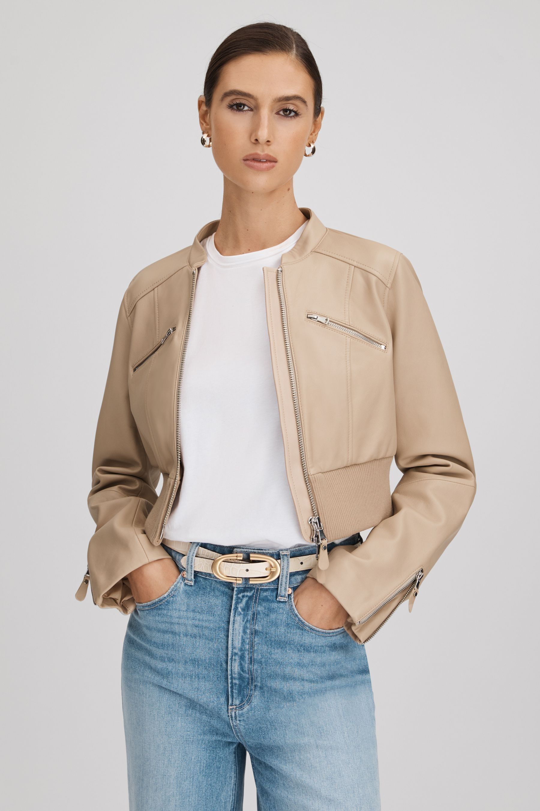 Shop Paige Cropped Leather Jacket In Cream