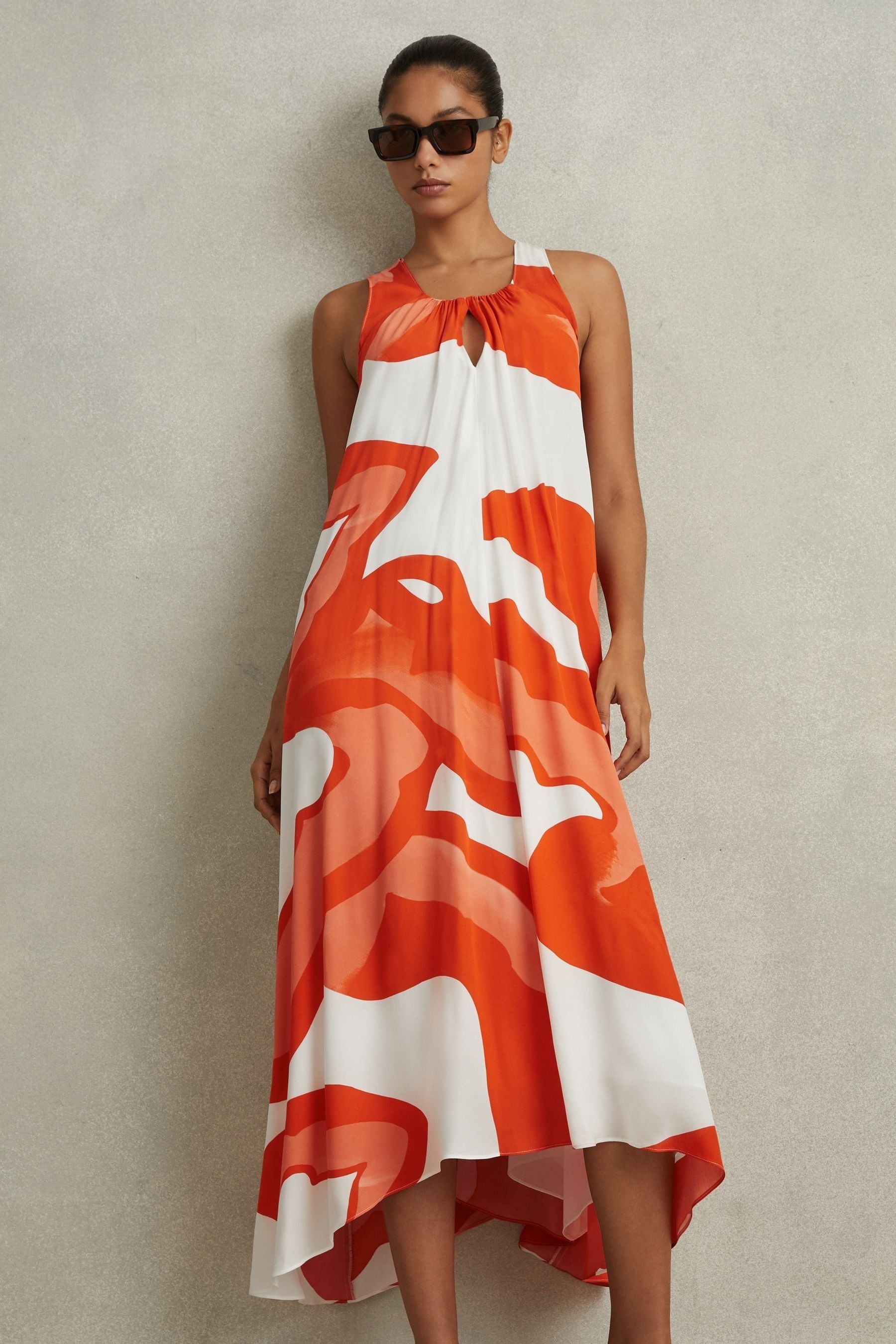 Reiss Avia - Orange/white Printed Dipped Hem Midi Dress, Us 8